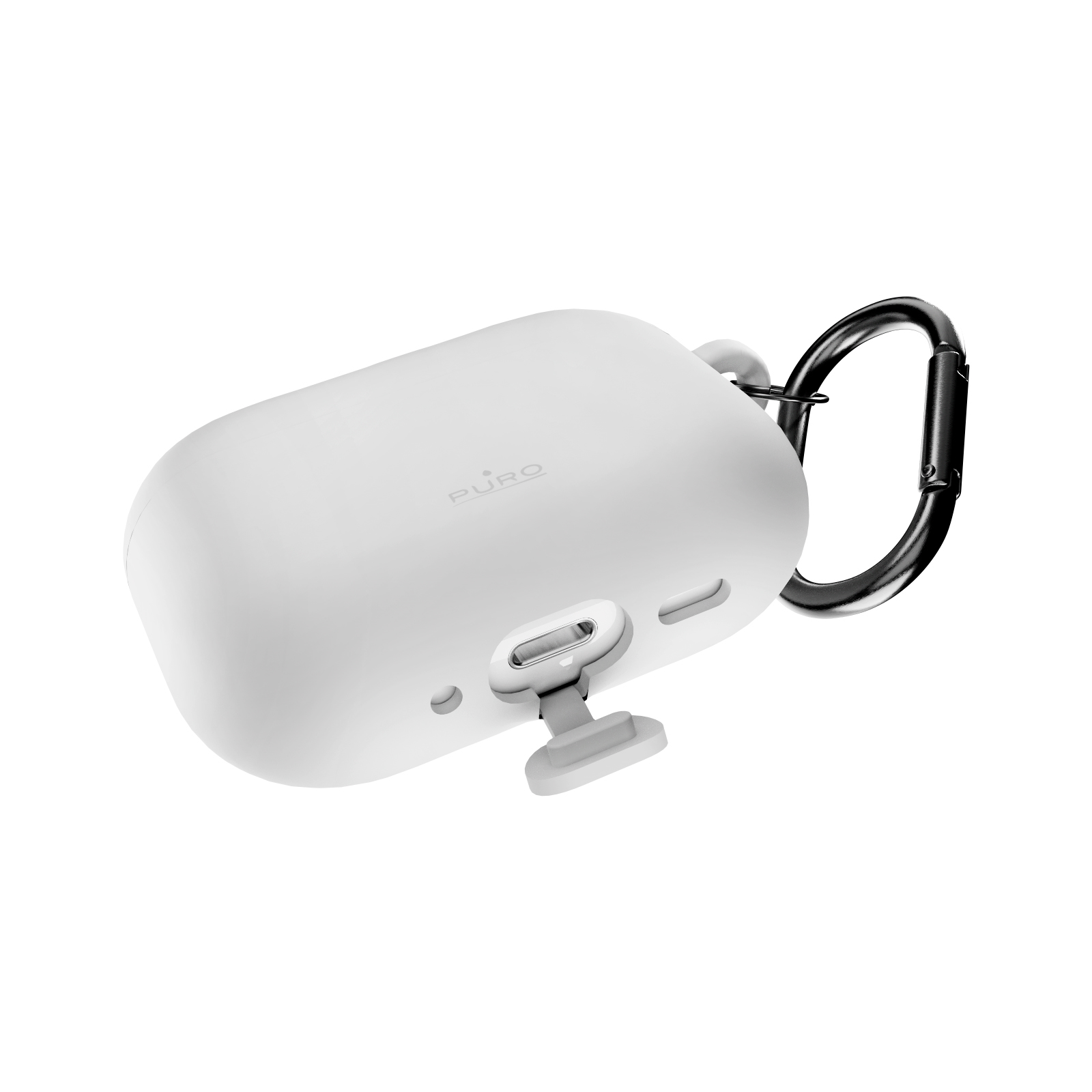 Funda blanca Puro para auriculares con mosquetón y puerto de carga.