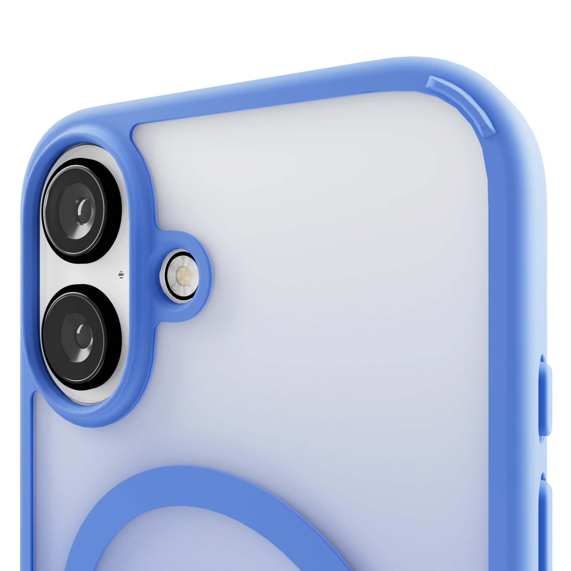 Nahaufnahme einer blauen Handyhülle mit zwei Kameras und Blitz.