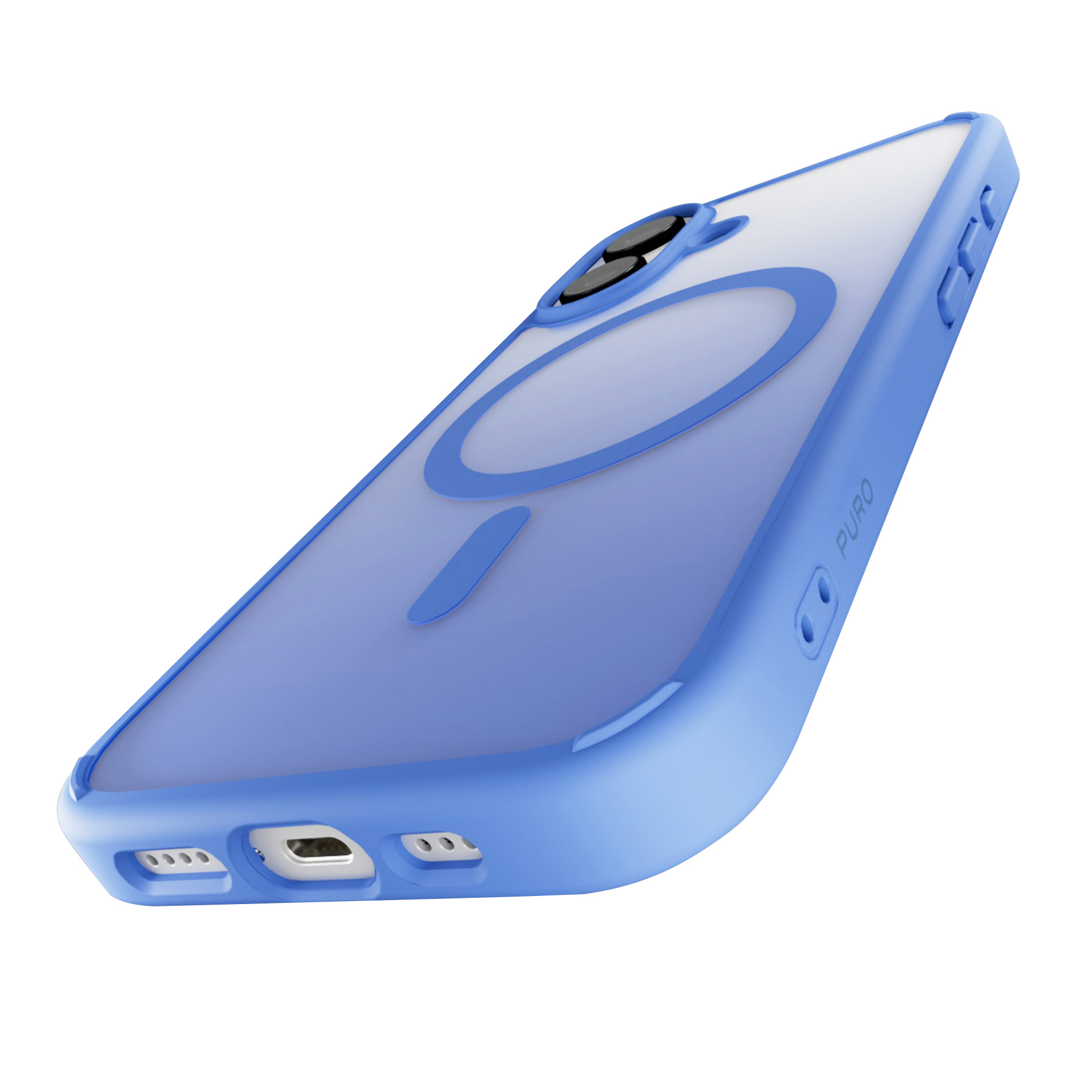 Blaue Handyhülle mit MagSafe-Ring und PURO-Logo.