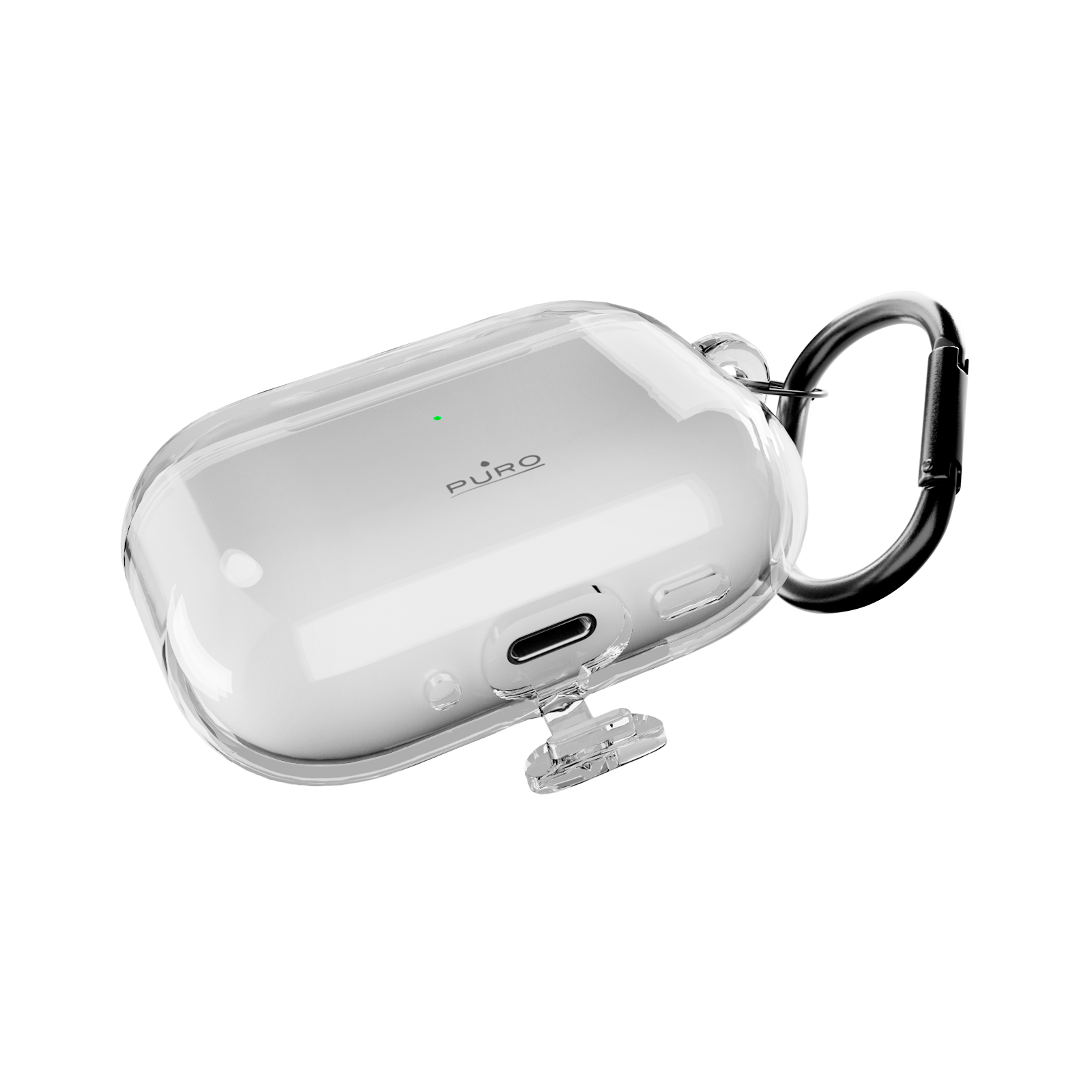 Transparente Hülle mit Ladeanschluss und Karabiner.