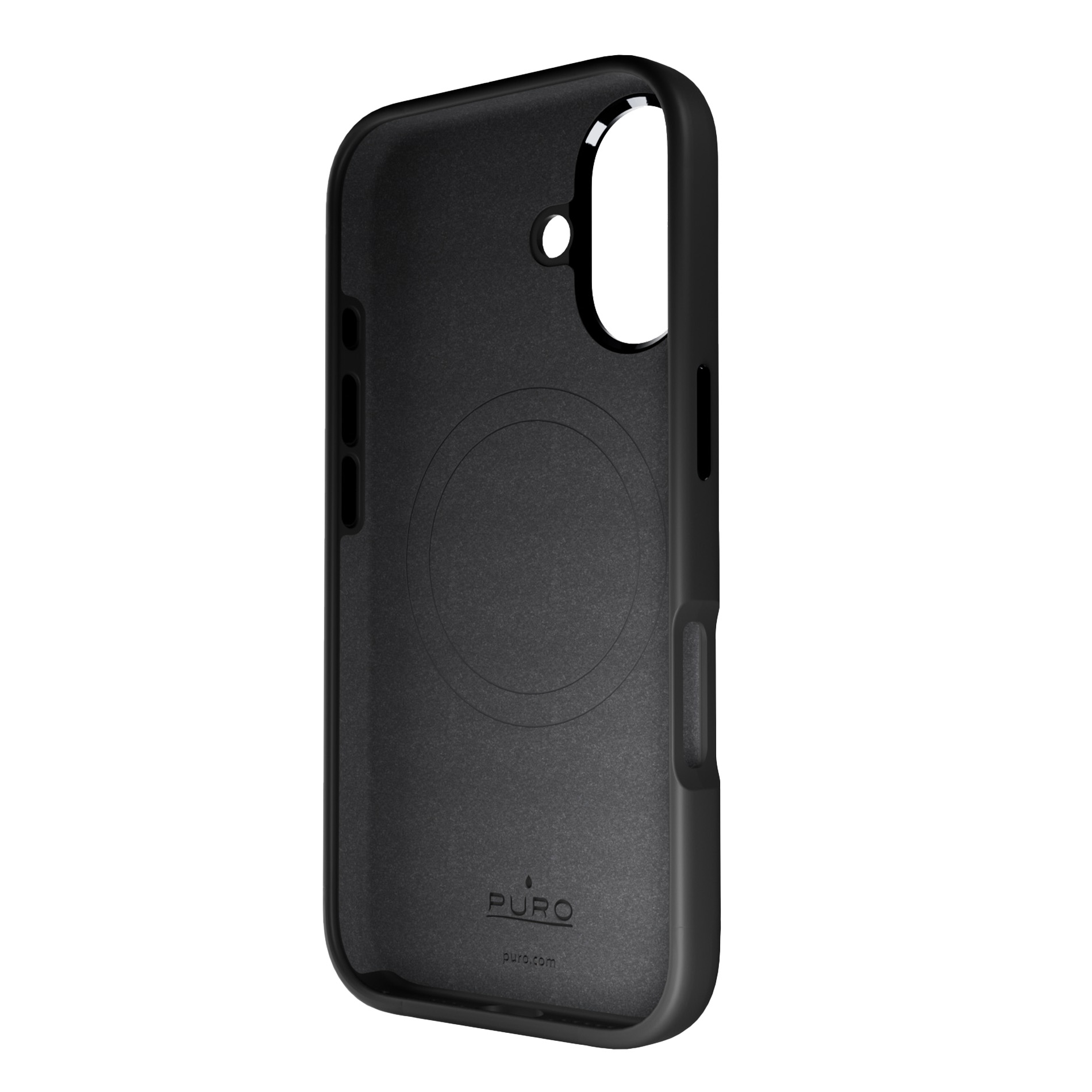 Interno custodia nera per telefono con logo Puro e rilievo circolare.