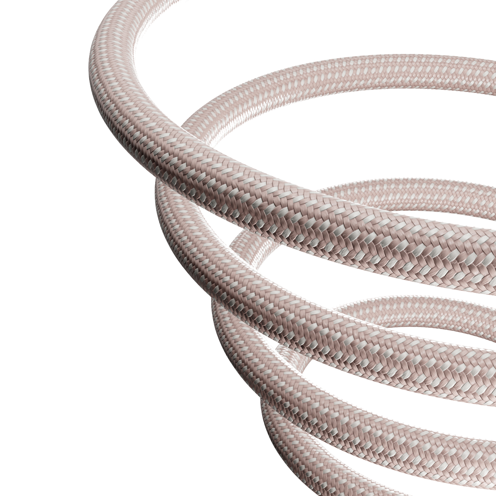 Un cavo intrecciato rosa si avvolge a spirale su sfondo bianco.