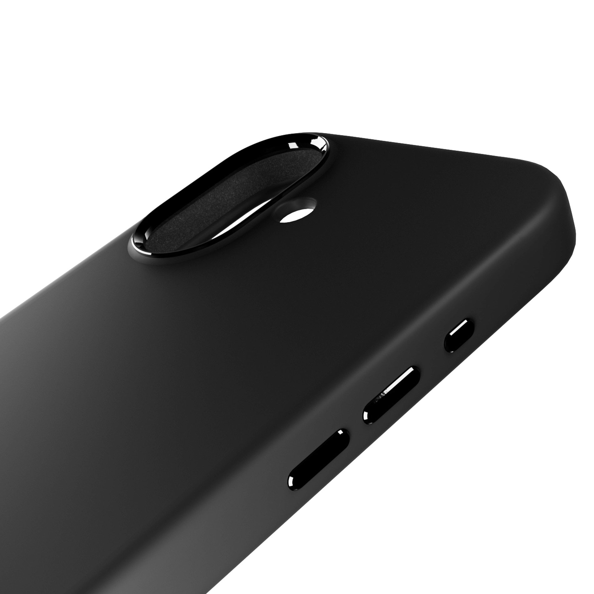 Custodia nera per telefono con ritagli per fotocamera e pulsanti.