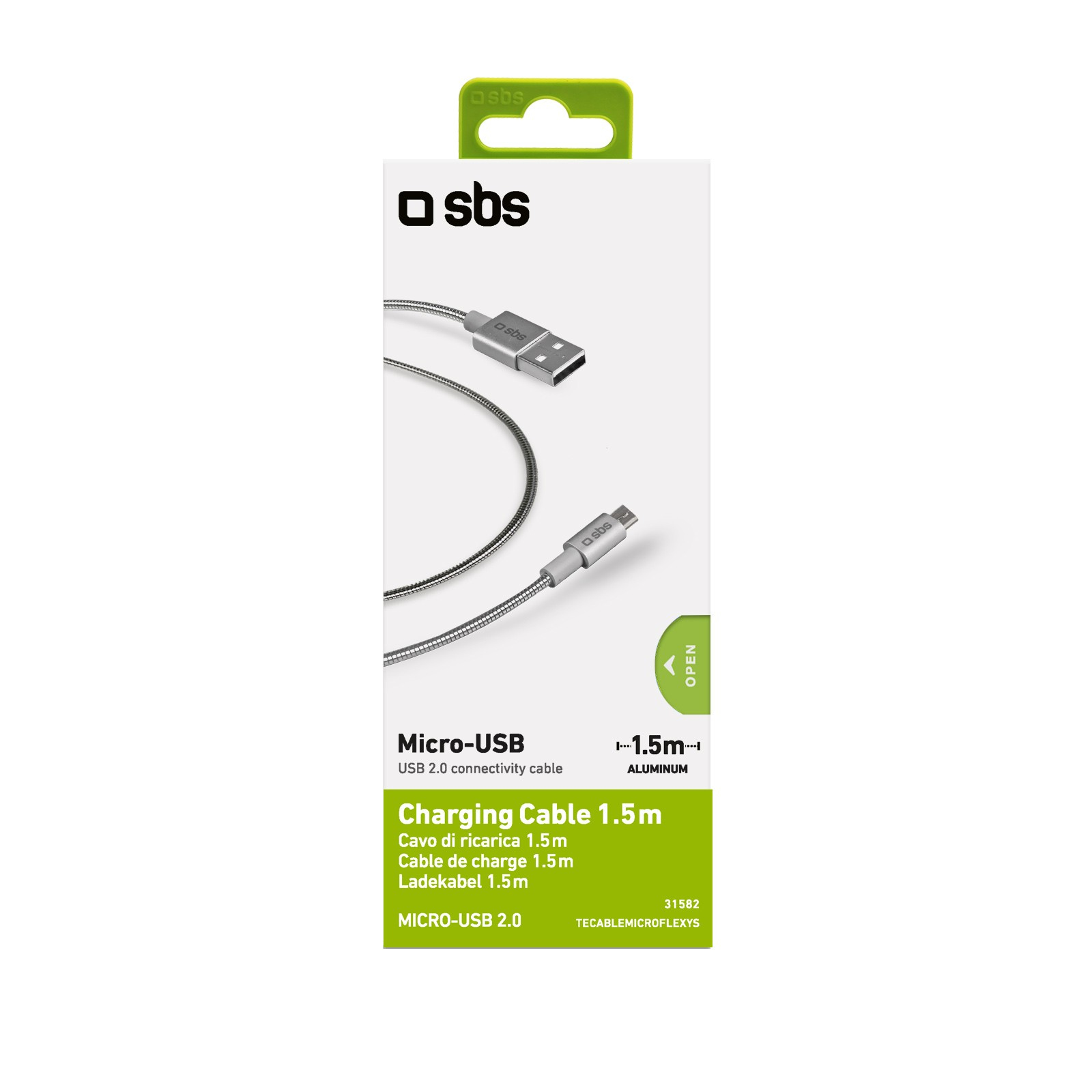 Cable de carga SBS de 1,5m, Micro-USB a USB 2.0, aluminio, plateado.
