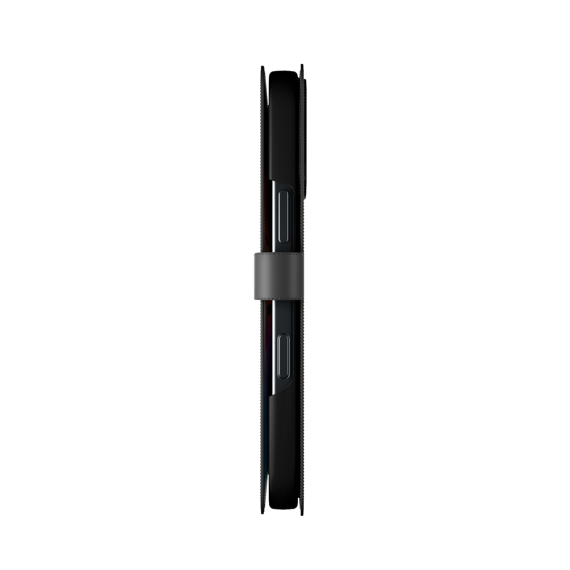 Custodia nera per telefono con chiusura magnetica, in piedi verticalmente.