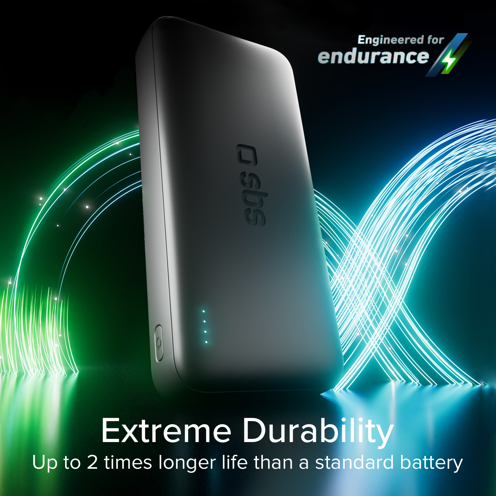 Power bank nero con archi di luce verdi e blu luminosi. "Extreme Durability"