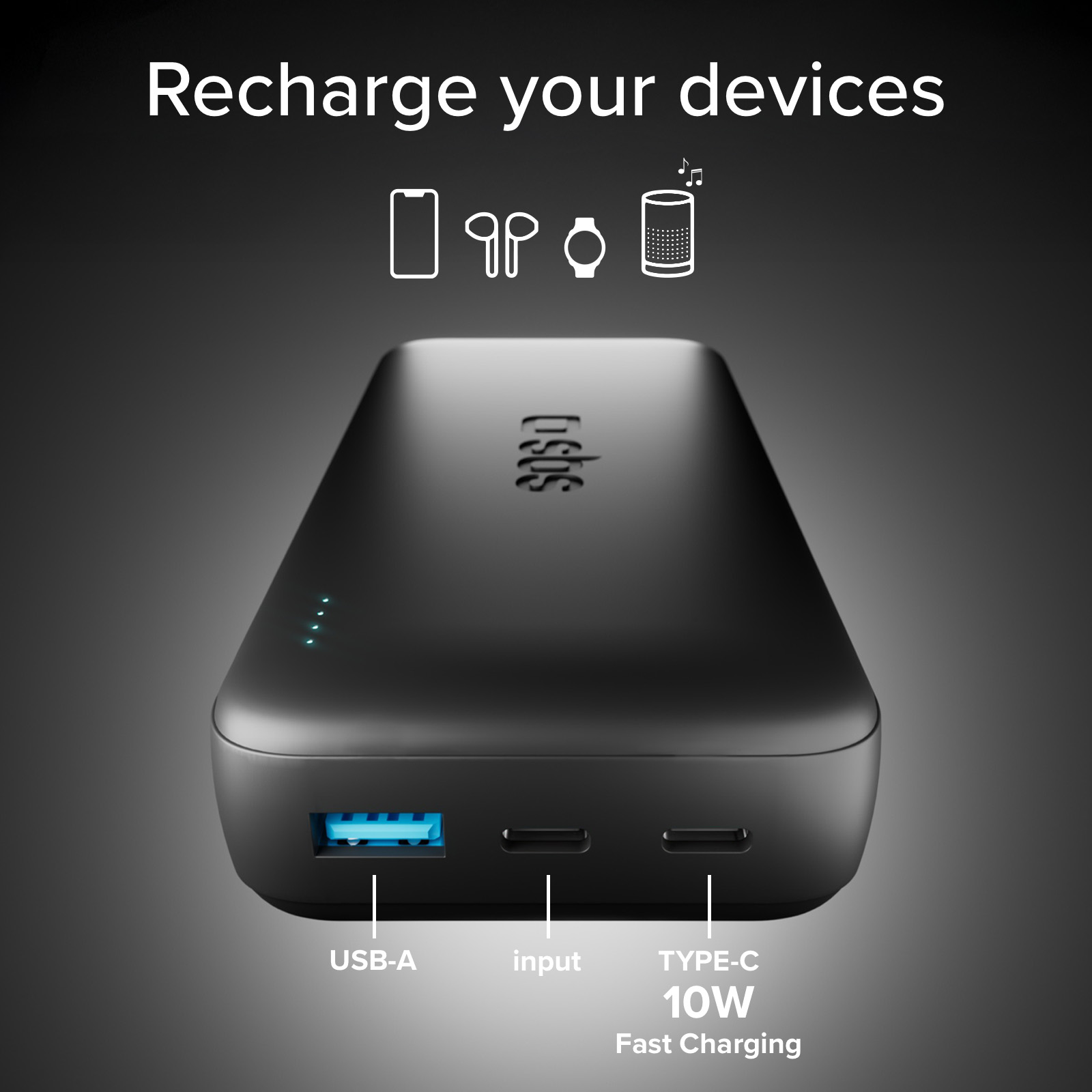 Power bank nero con USB-A, ingresso e ricarica rapida Type-C 10W.