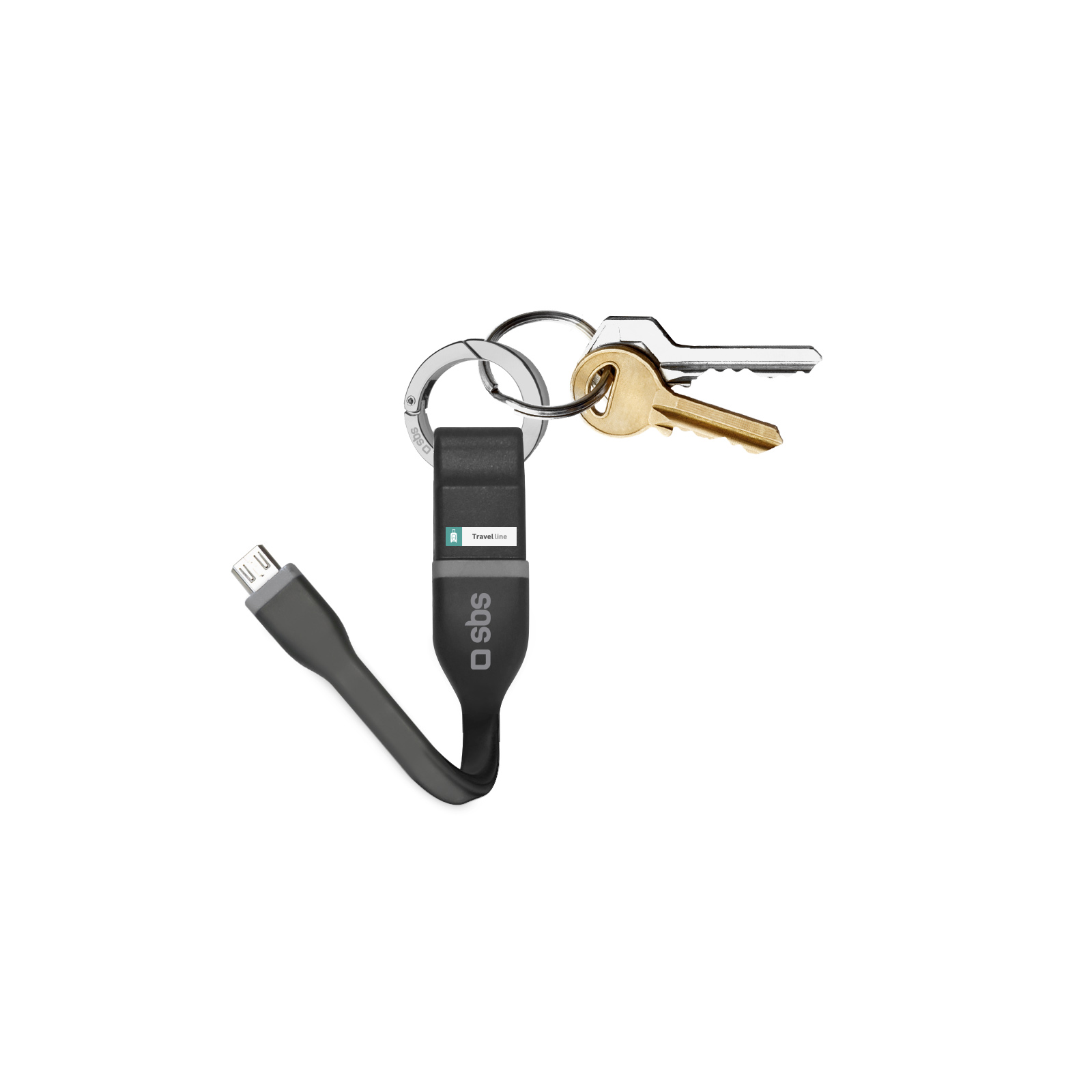 Cable de carga negro con conector USB, sujeto a un llavero con dos llaves.