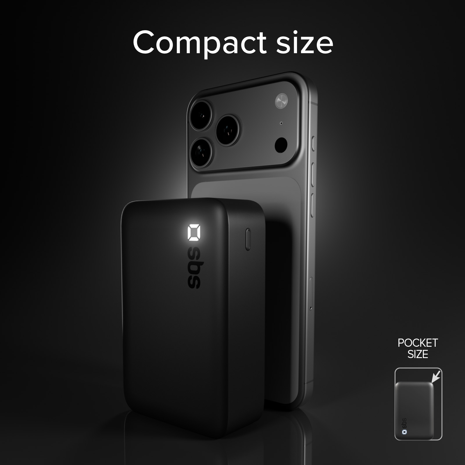 Uno smartphone nero appoggia a un power bank nero con logo SBS luminoso.