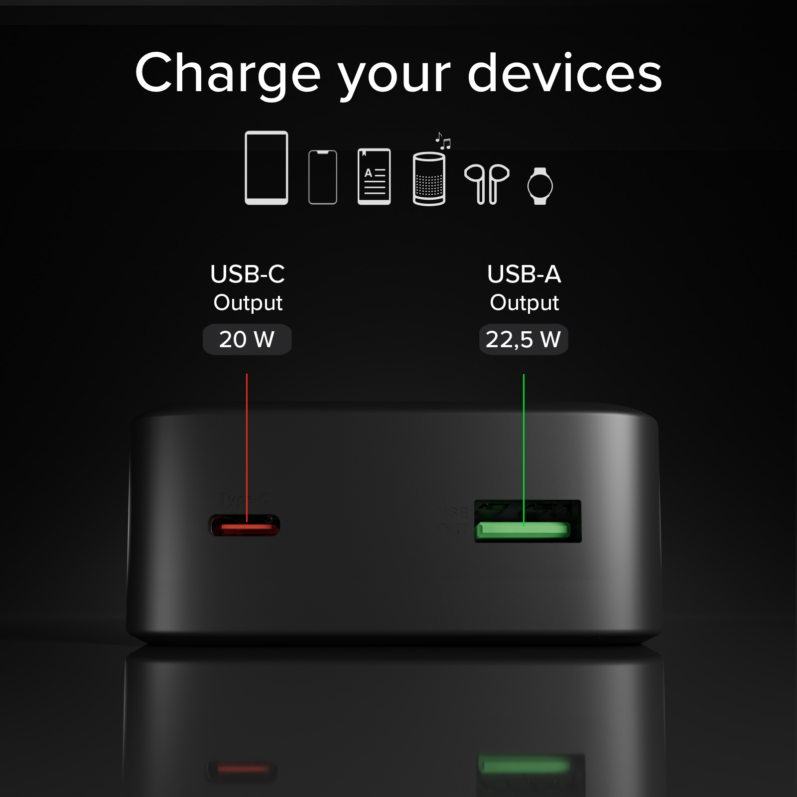Caricatore nero con porte USB-C (20W) e USB-A (22,5W).