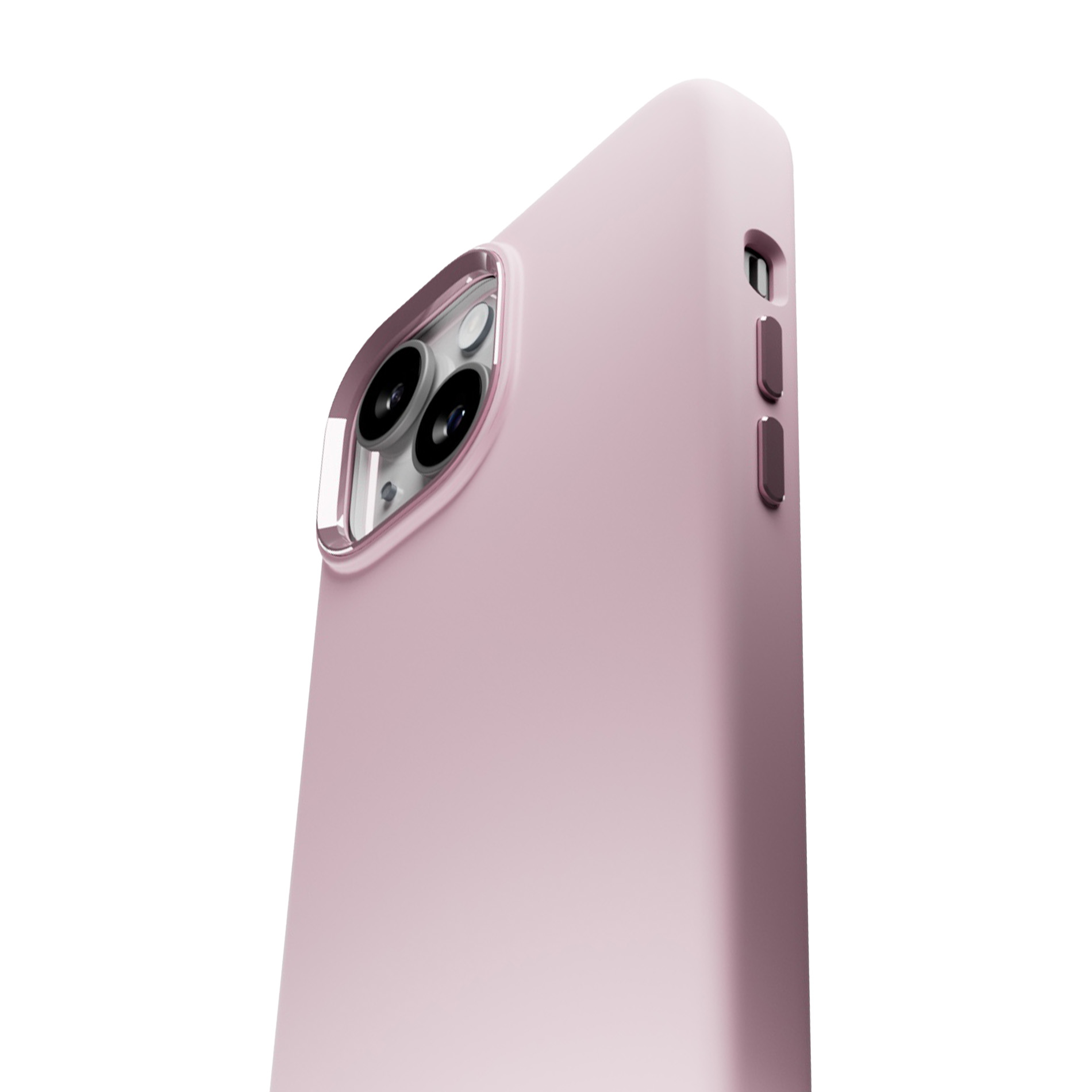 Primo piano di una custodia rosa per smartphone con tre obiettivi della fotocamera.