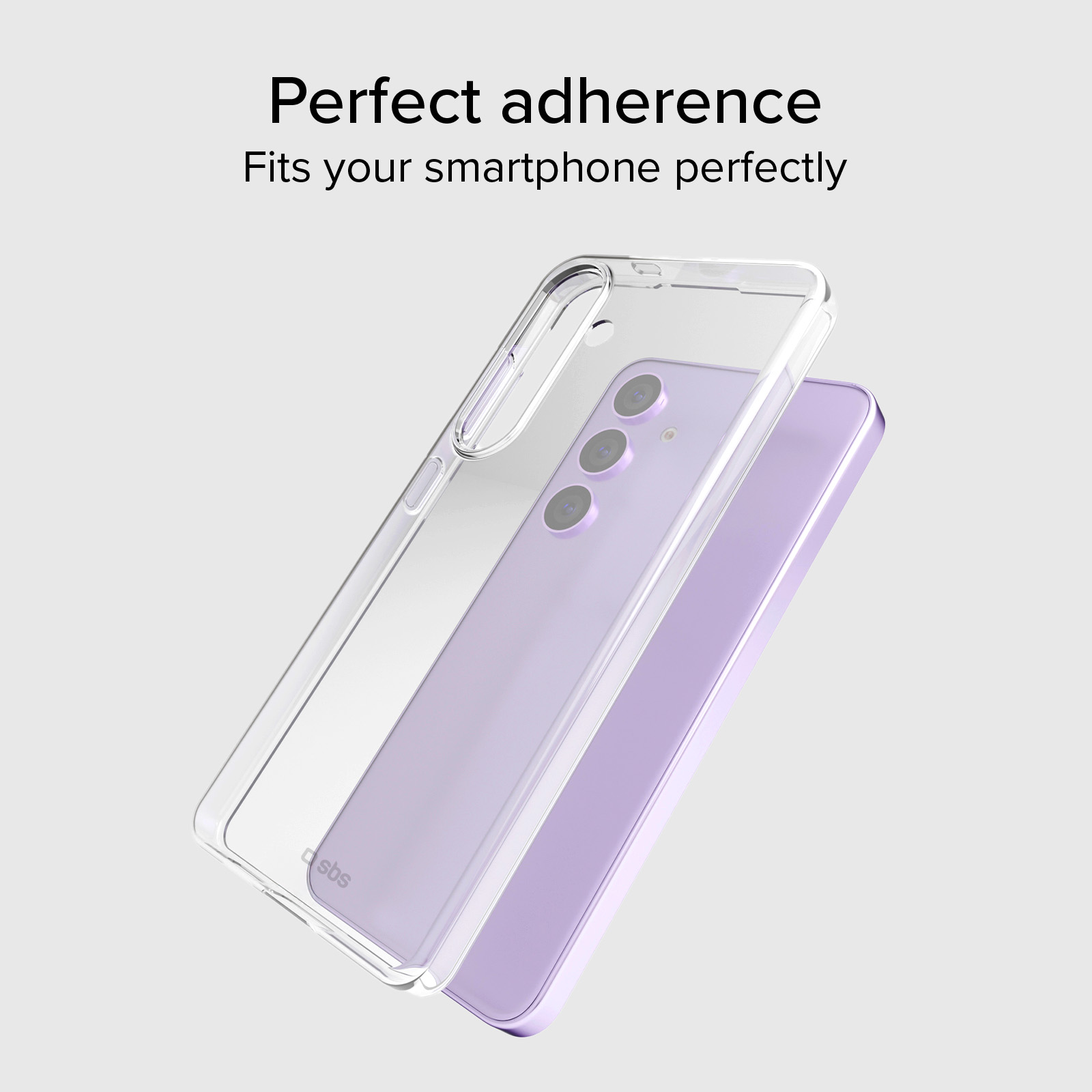 Custodia trasparente sopra uno smartphone viola con tre obiettivi.