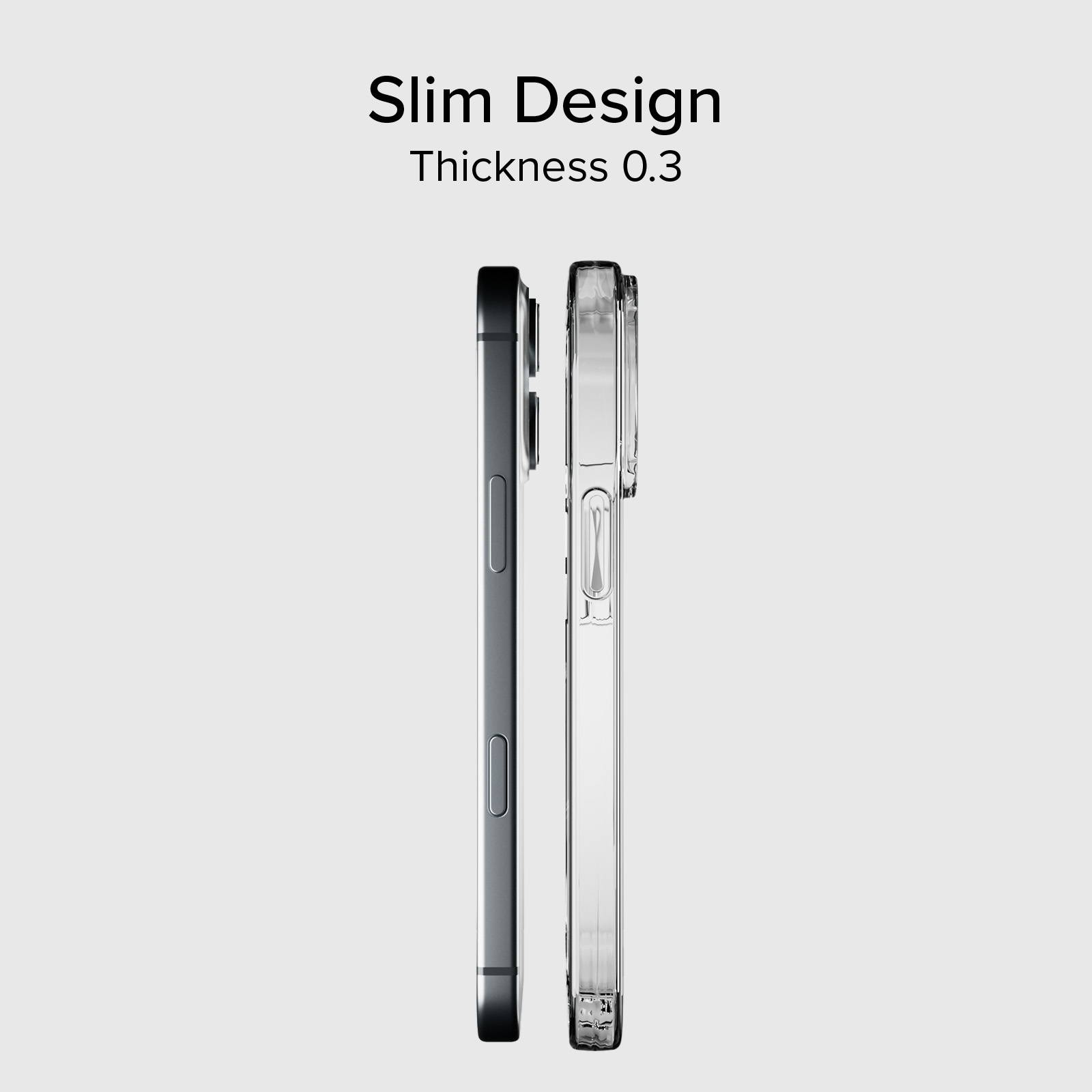 Telefoni sottili neri e trasparenti uno accanto all'altro con testo 'Slim Design'.