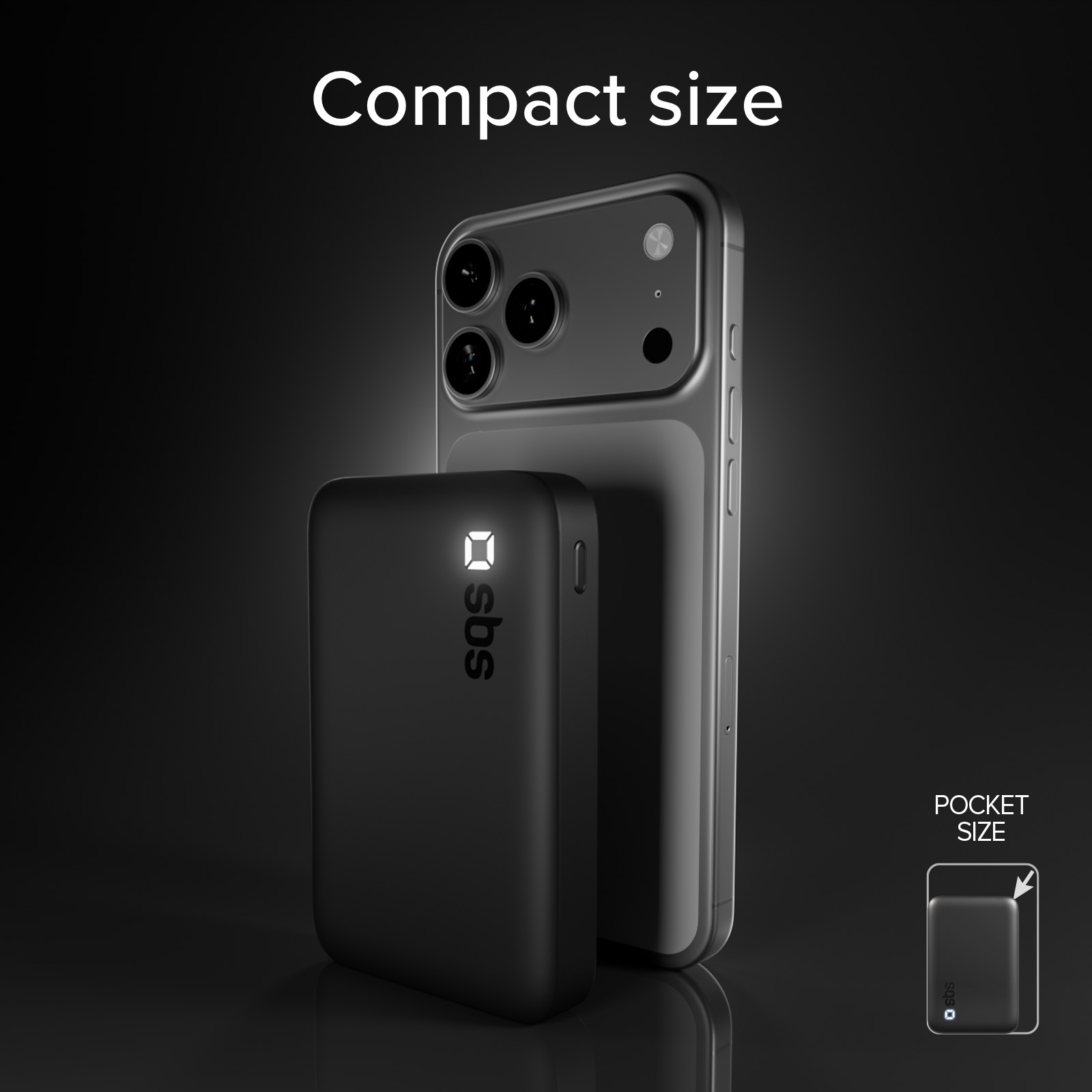 Uno smartphone nero è dietro un power bank nero. In alto c'è la scritta 'Compact size'.