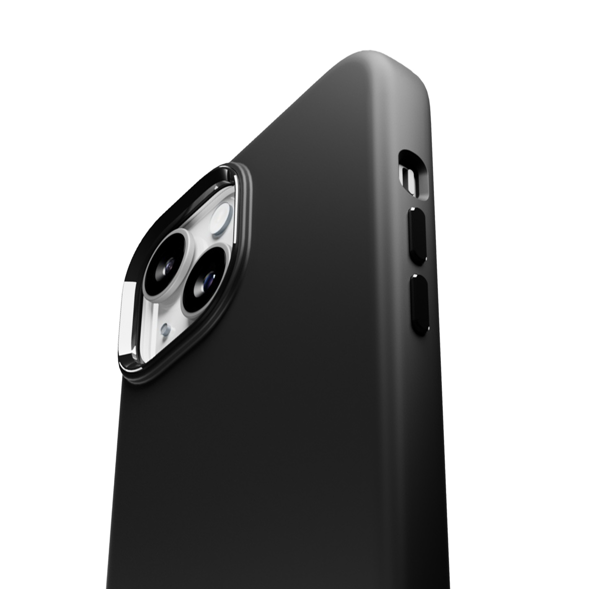 Primo piano di una custodia nera per telefono con sistema di fotocamera su sfondo bianco.