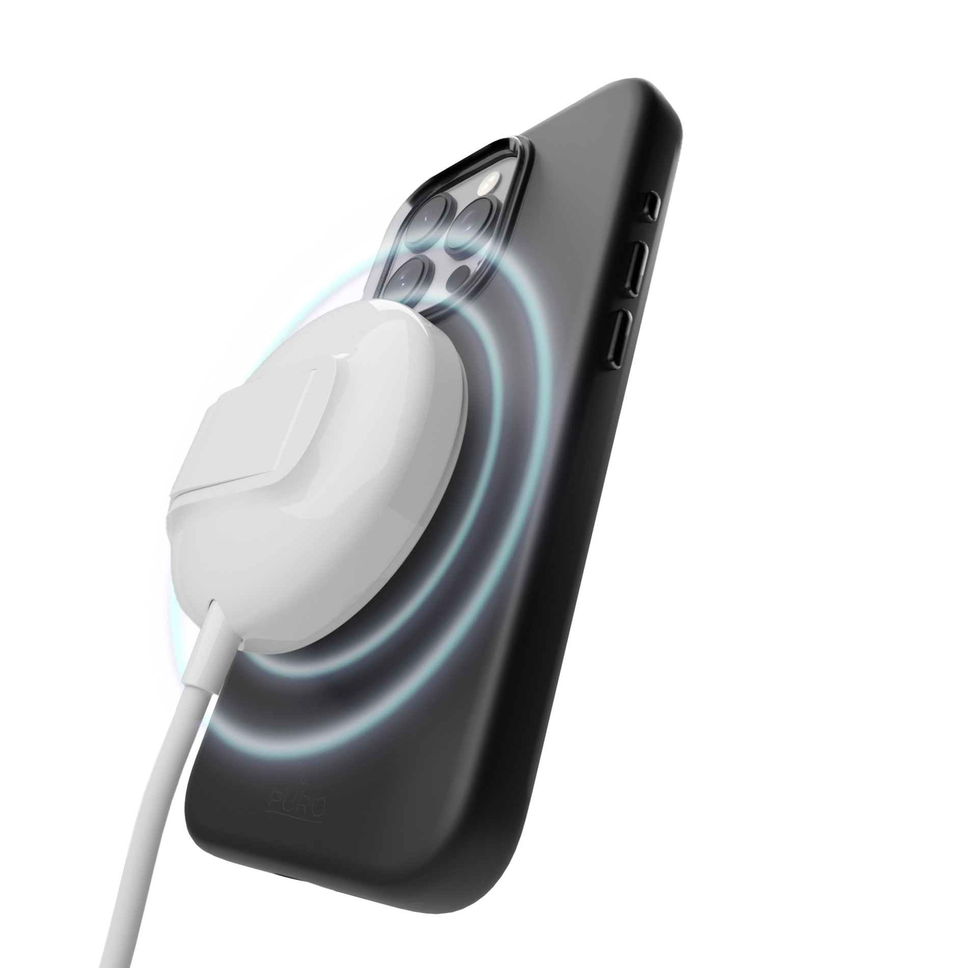 Un caricabatterie wireless bianco è attaccato al retro di un iPhone nero.