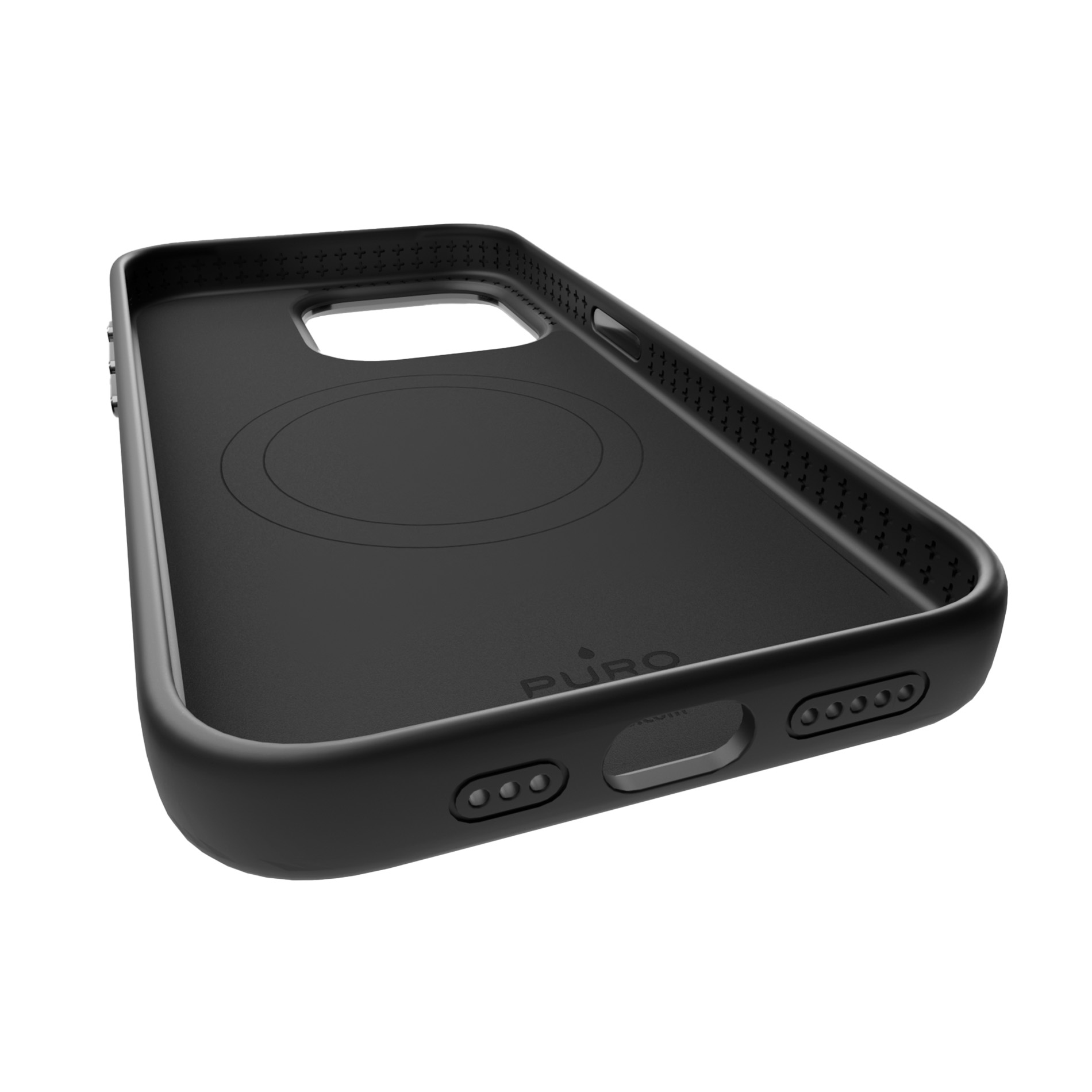 Custodia nera per telefono con cerchio magnetico e logo PURO.
