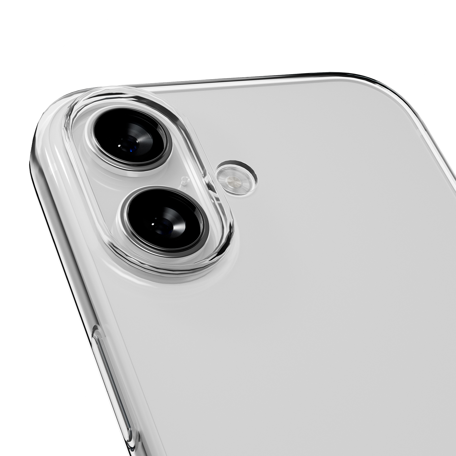 Primo piano del retro di una custodia trasparente per iPhone con due fotocamere.
