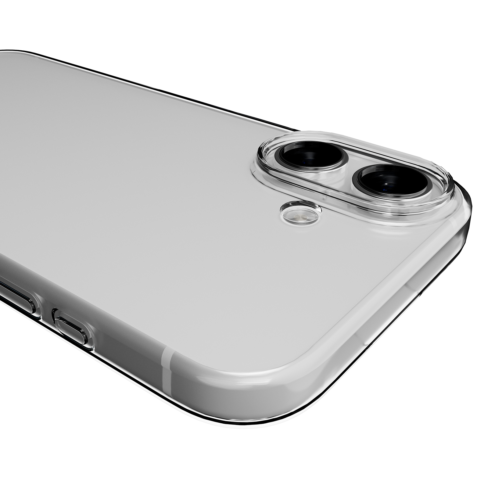 Primo piano di una custodia trasparente per telefono con due obiettivi e flash.