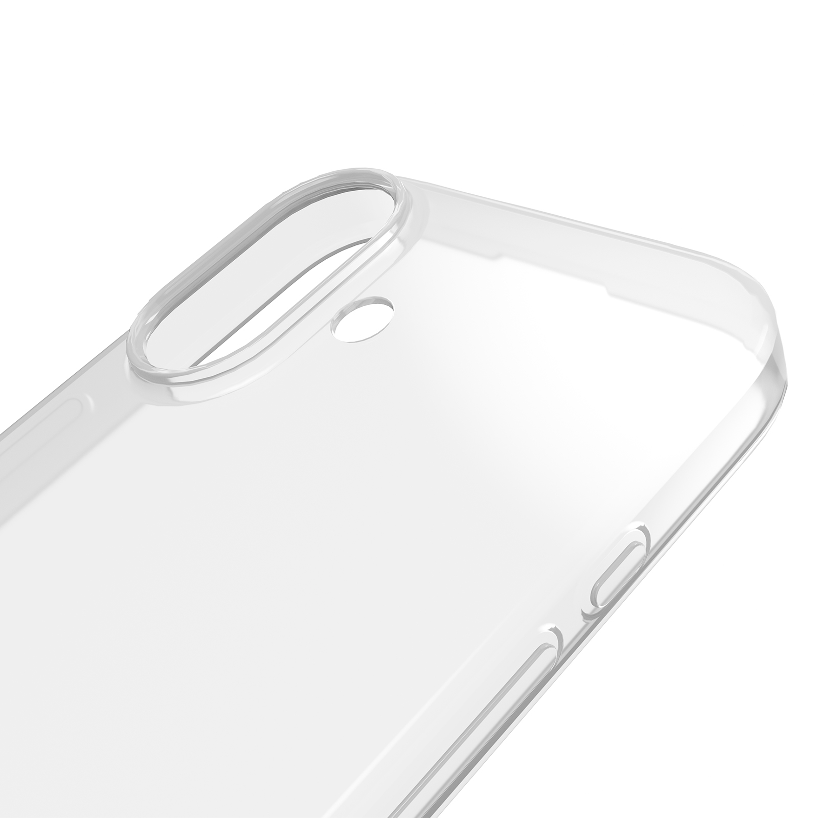 Custodia trasparente per telefono con ritagli per fotocamera e pulsanti.