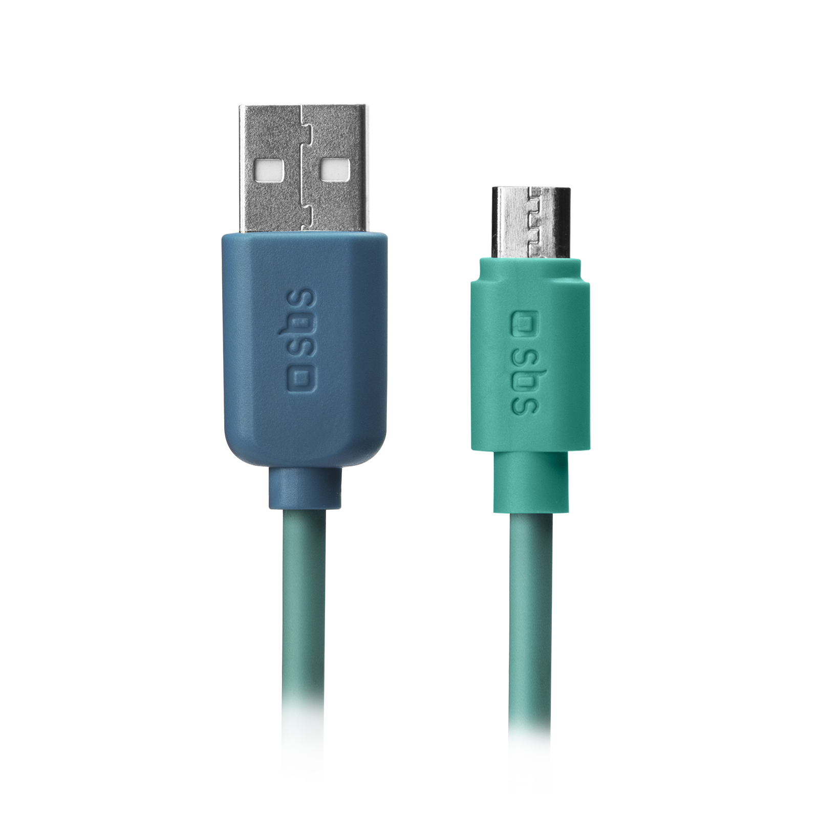 Un conector USB azul y uno verde con logo SBS sobre fondo blanco.