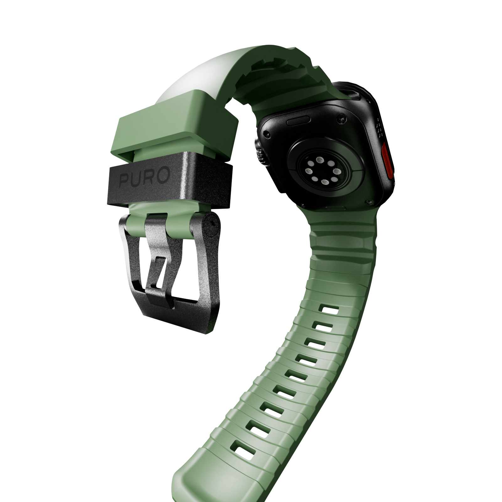 Reloj inteligente verde con sensores negros en la parte trasera y logo PURO.