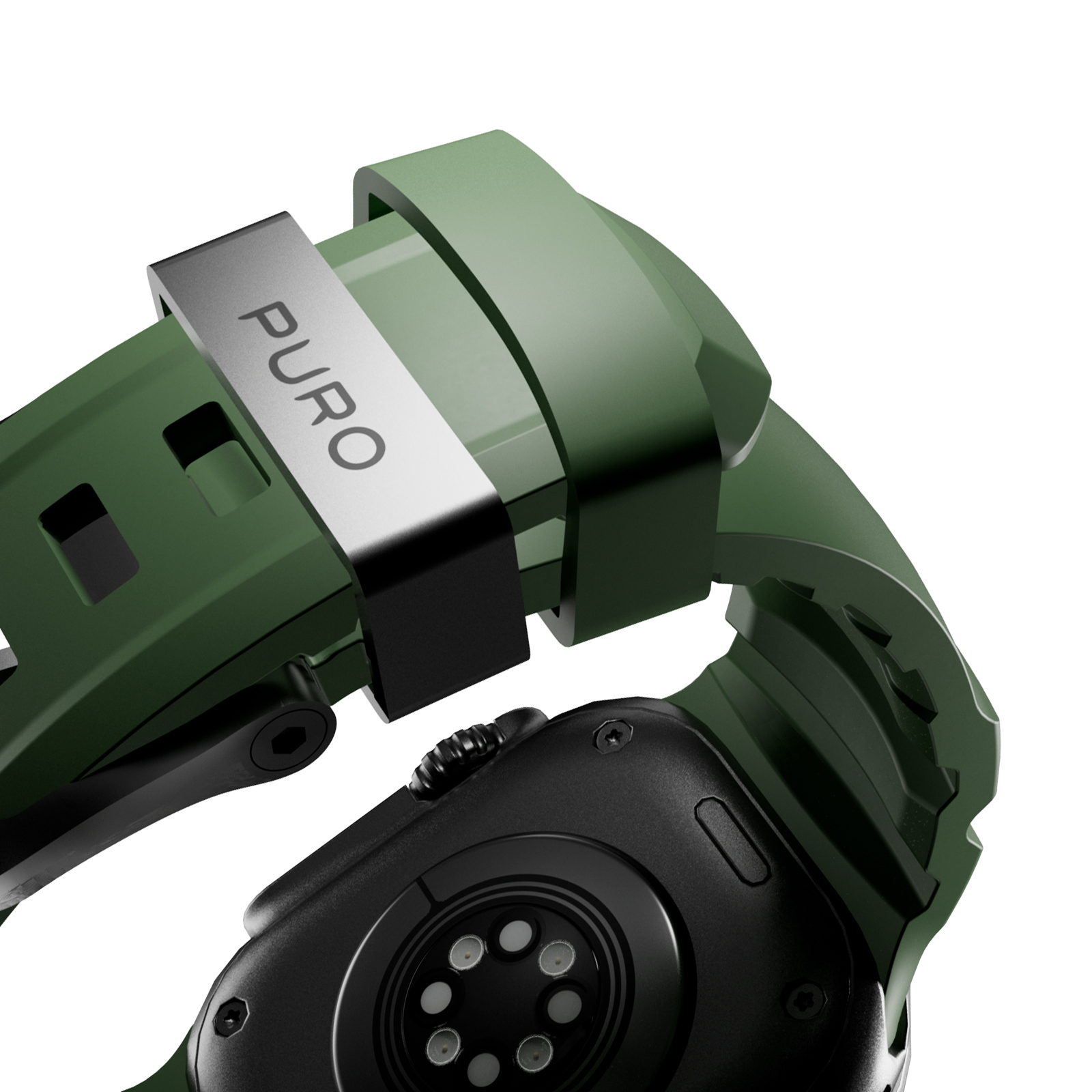 Correa de reloj verde con hebilla plateada y carcasa negra en la parte posterior.