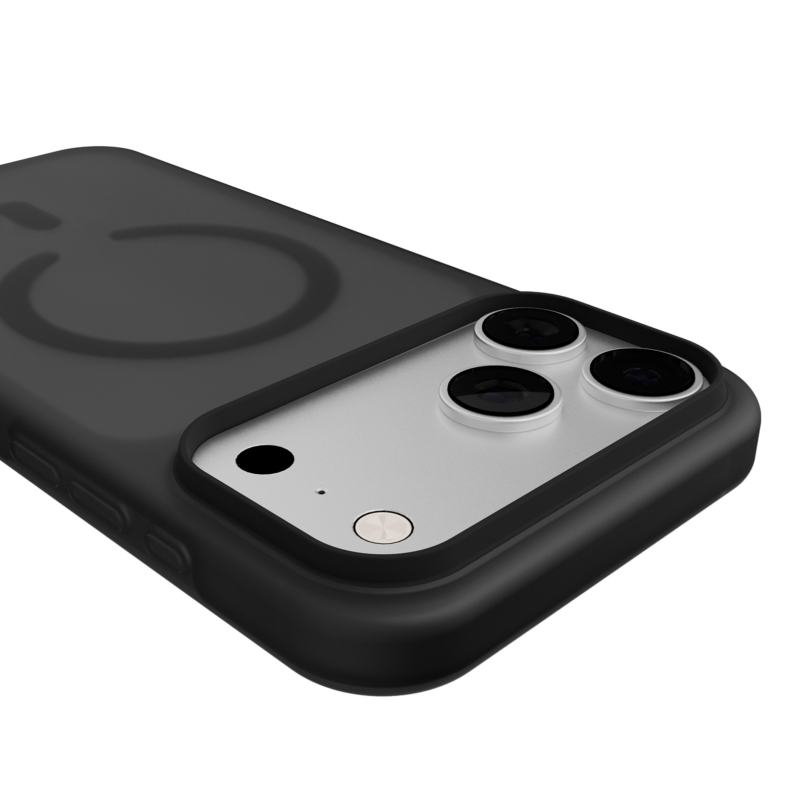 Custodia nera per telefono con anello MagSafe e lenti della fotocamera.