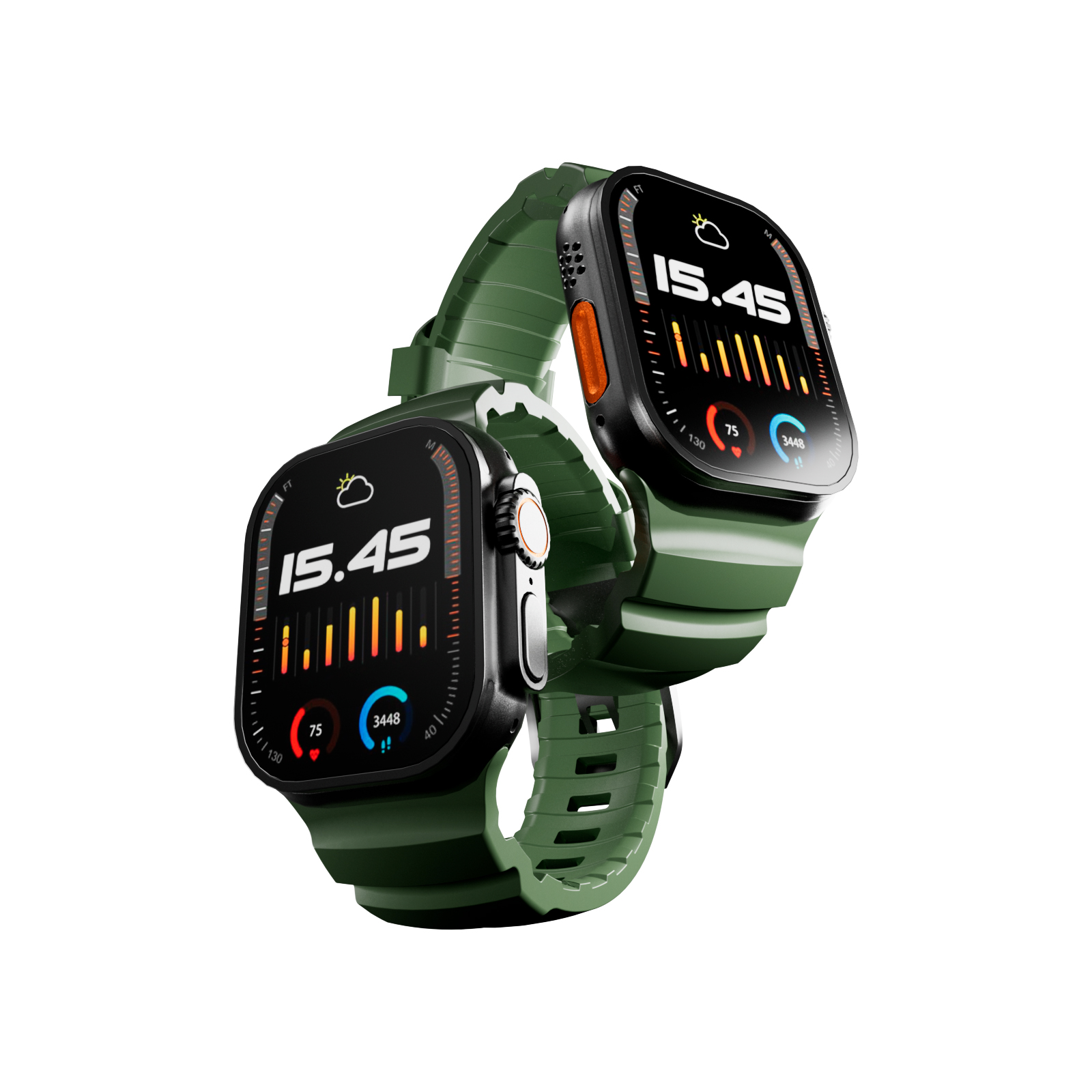 Dos relojes inteligentes verdes con esferas negras muestran las 15:45.