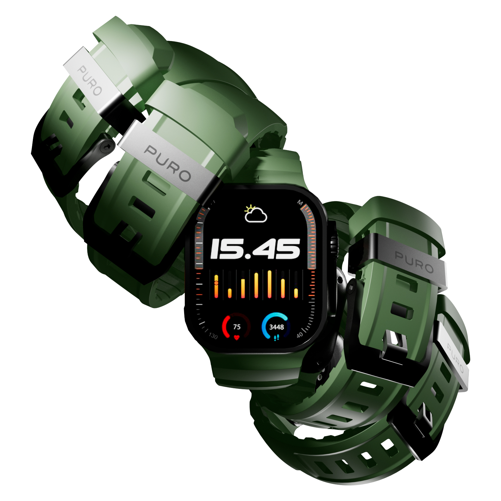 Reloj inteligente verde con pantalla digital mostrando 15:45 y clima.