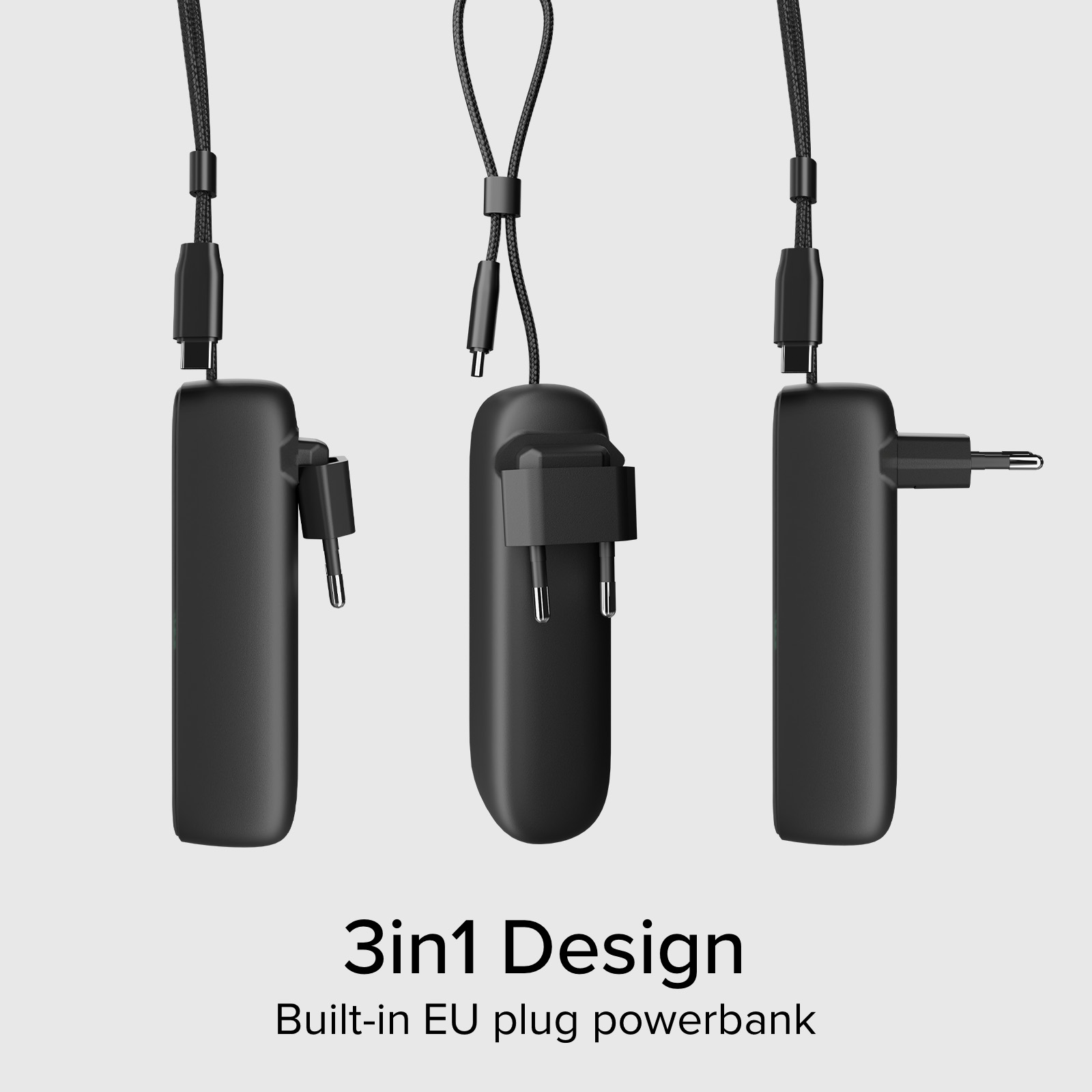 Un caricatore nero 3 in 1 con spina UE pieghevole e cavo USB-C.