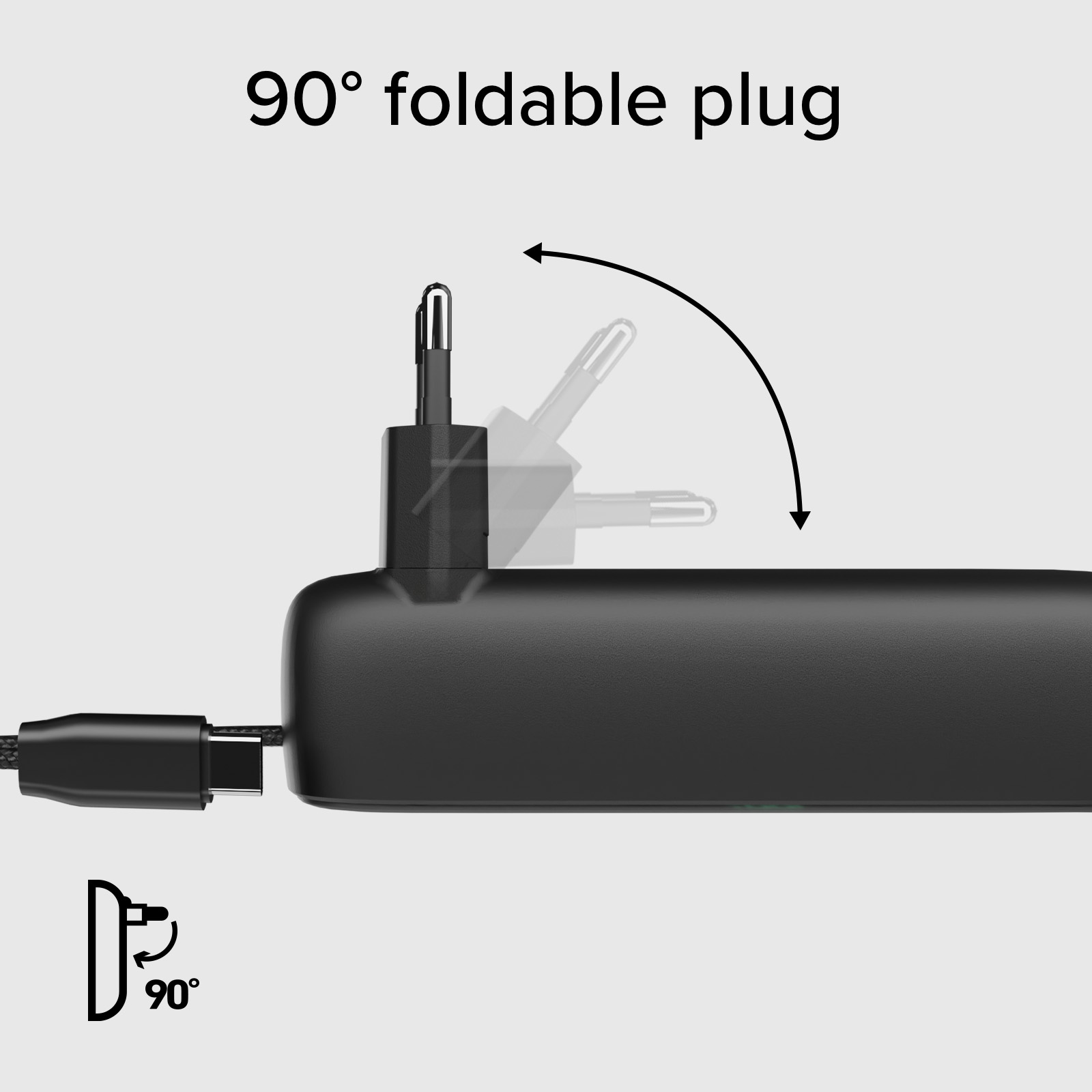 Adattatore di corrente nero con spina pieghevole a 90° e cavo USB-C.
