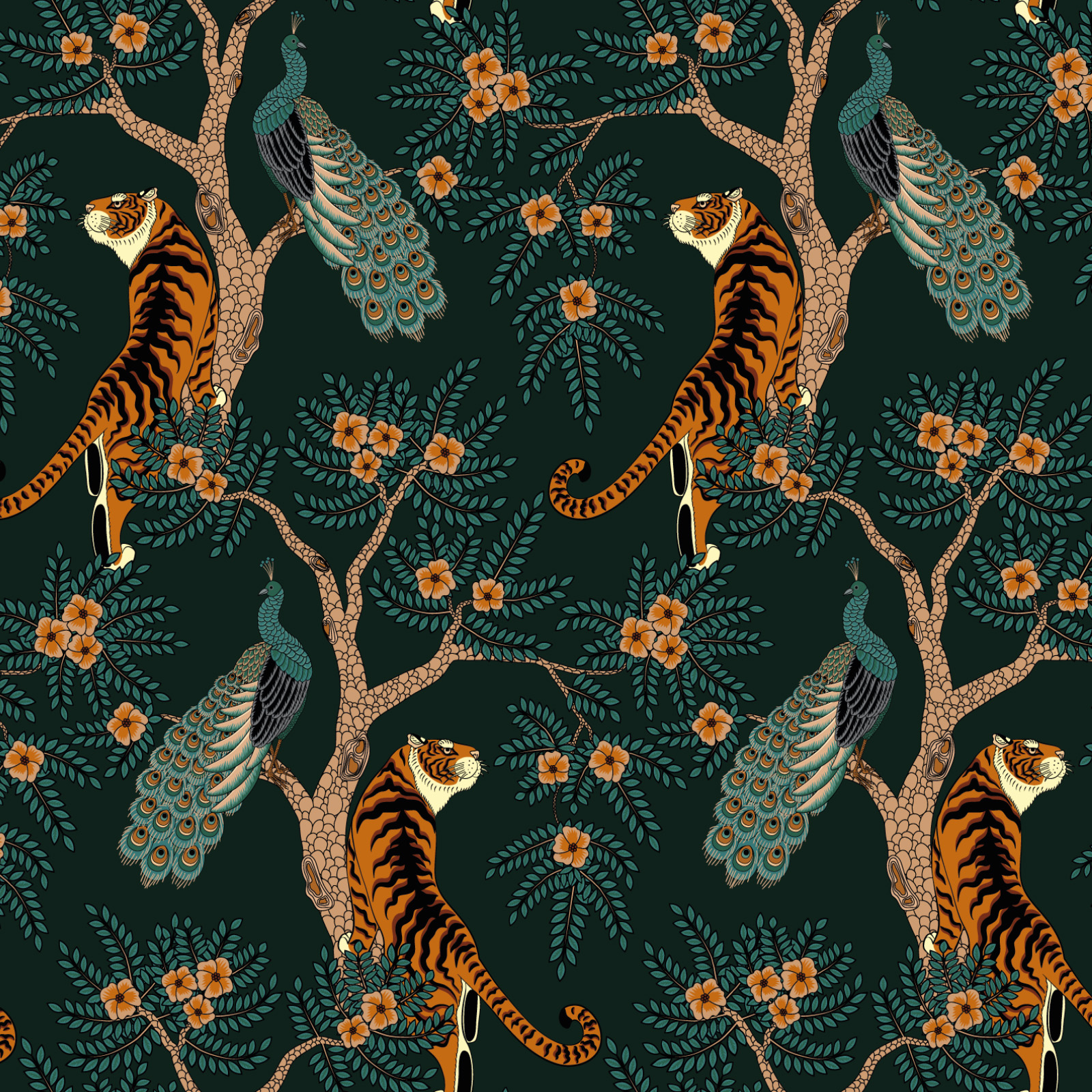 Un tigre se sienta en un árbol junto a un pavo real, rodeado de hojas y flores.