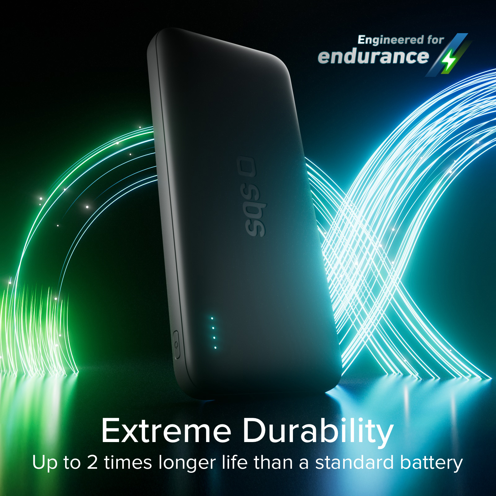 Power bank SBS nera con archi di luce verdi e blu. Durabilità estrema.