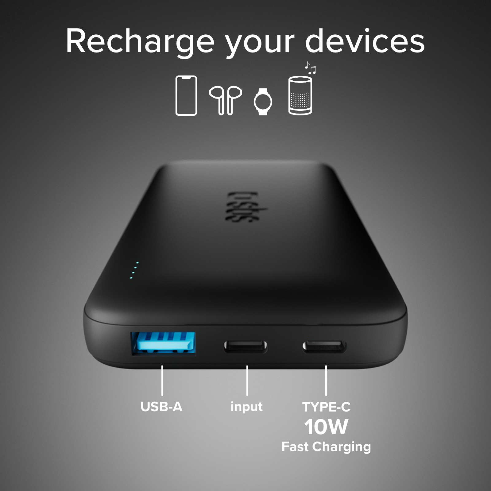 Power bank nero con porte USB-A, ingresso e USB-C. Icone: telefono, auricolari, orologio, altoparlante.