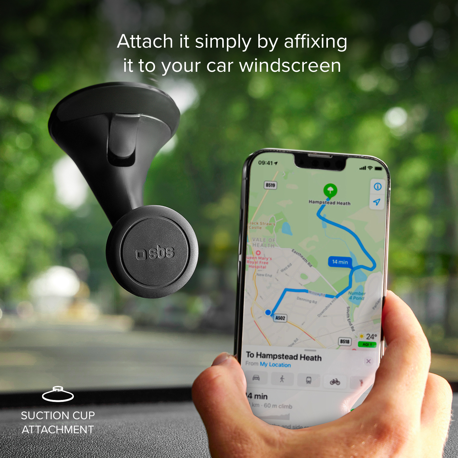 Supporto auto nero con telefono che mostra la navigazione sullo schermo, fissato al parabrezza.