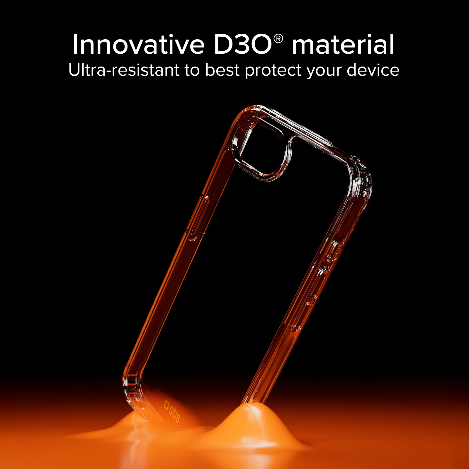 Transparente Handyhülle aus D3O-Material auf orangefarbenem Untergrund.