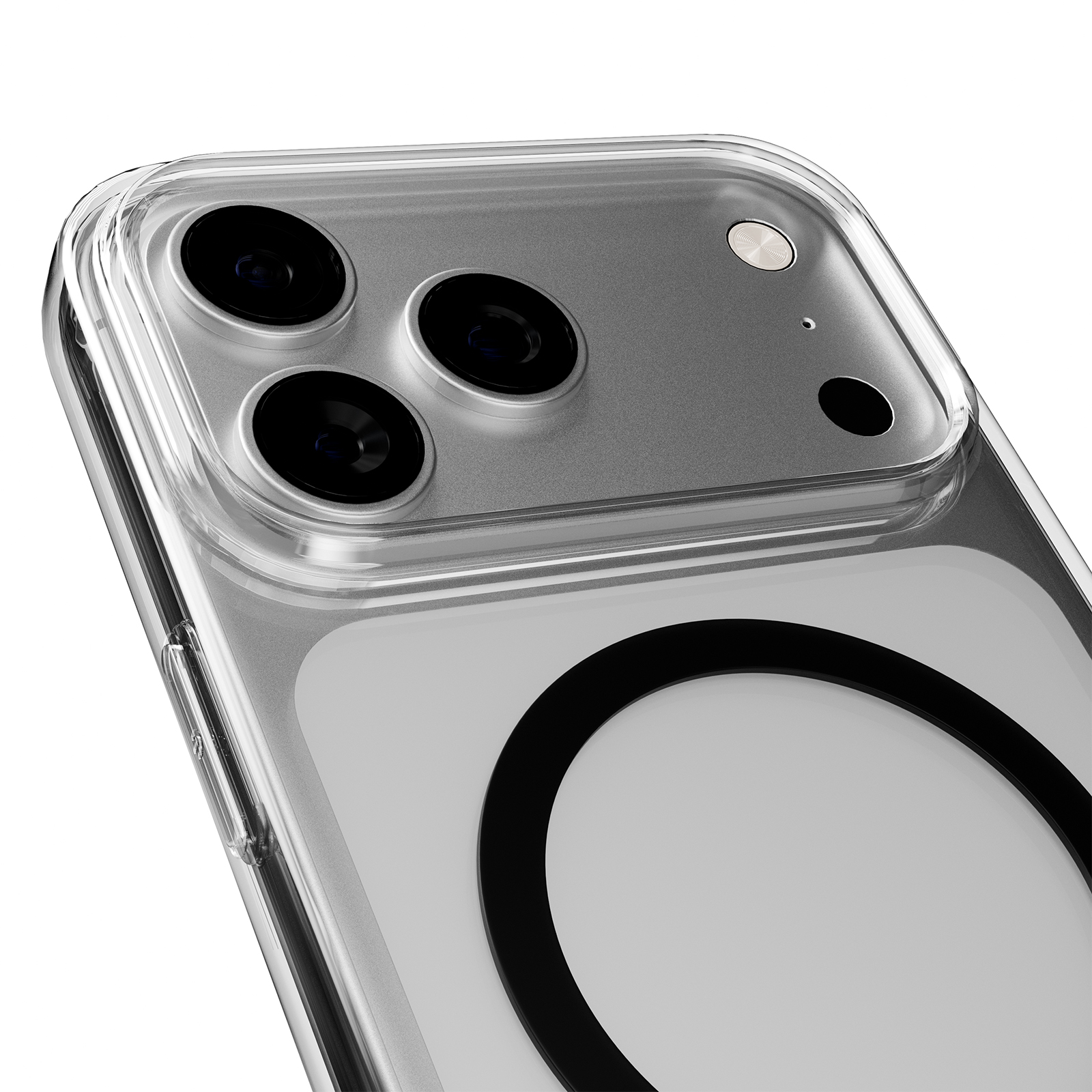 Una custodia trasparente per telefono con tre fotocamere e un flash.