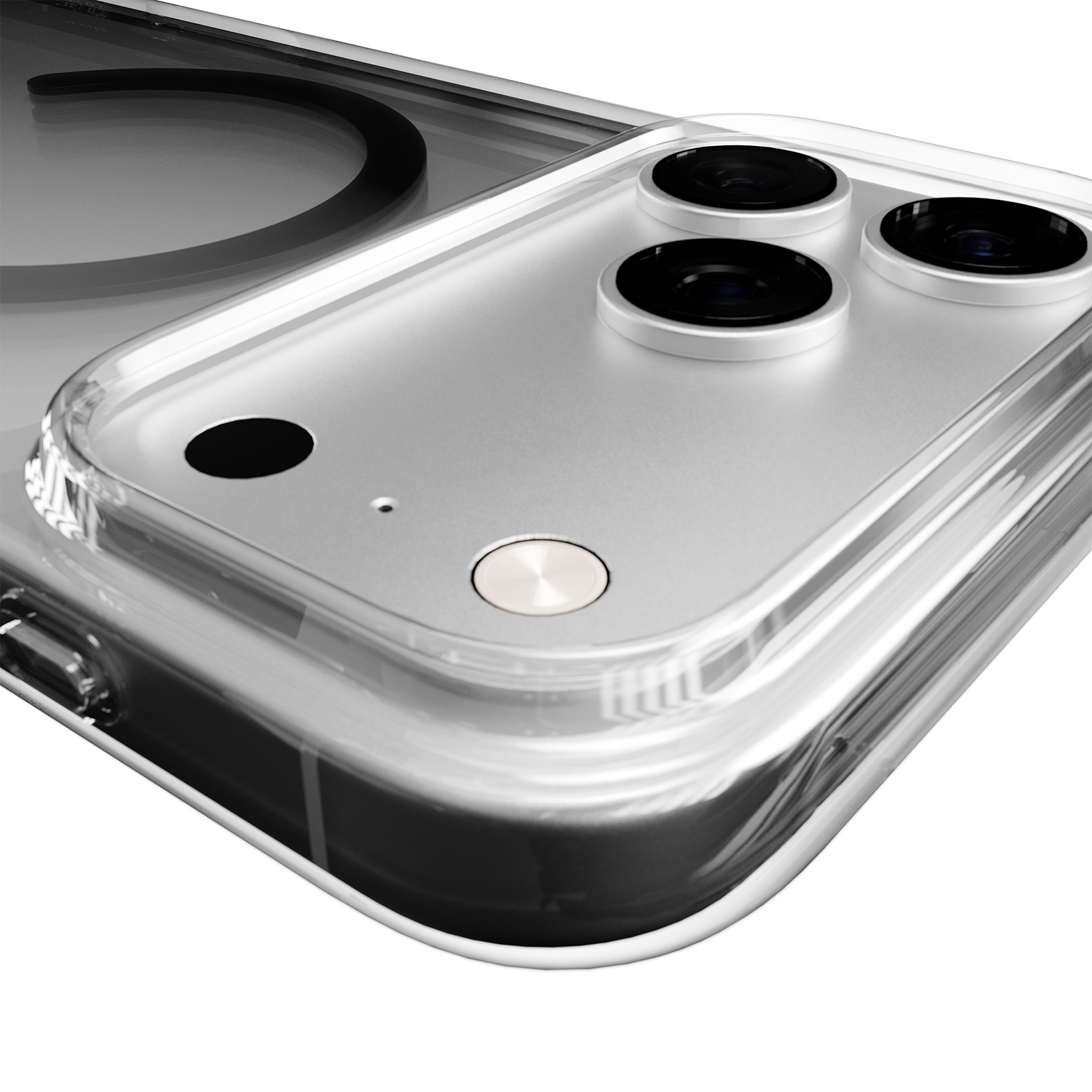 Primo piano di una cover trasparente per telefono con tre obiettivi e flash.
