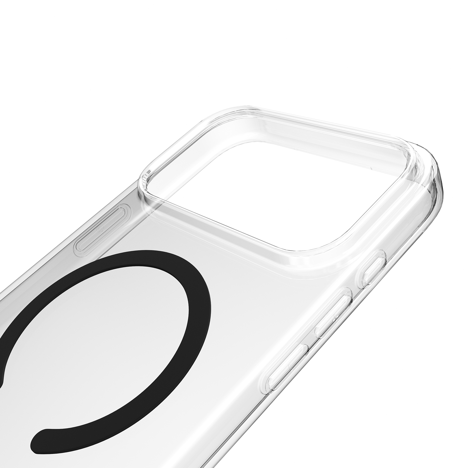 Custodia trasparente per telefono con anello magnetico nero su sfondo bianco.