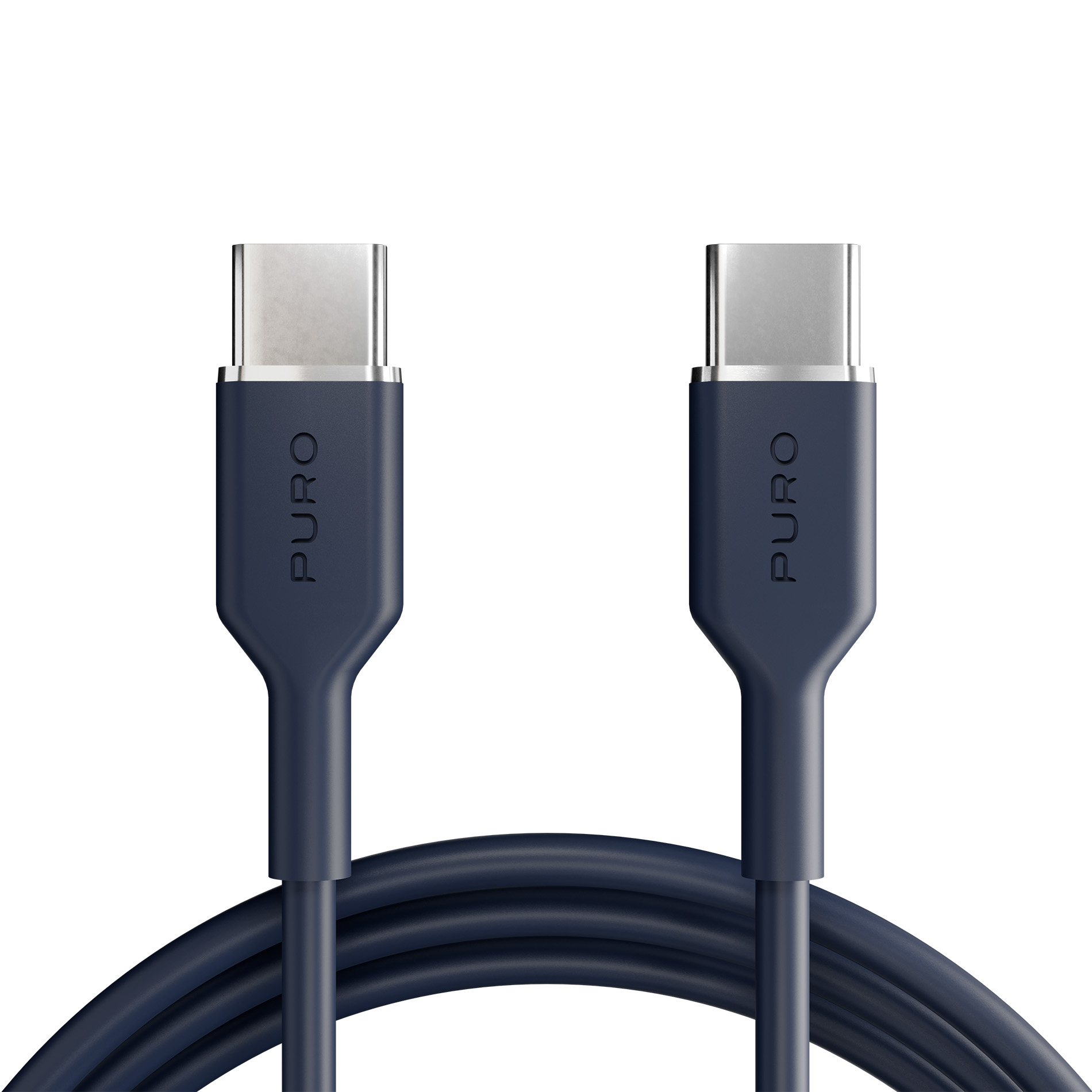Due cavi USB-C blu scuro con connettori argentati, su sfondo bianco.
