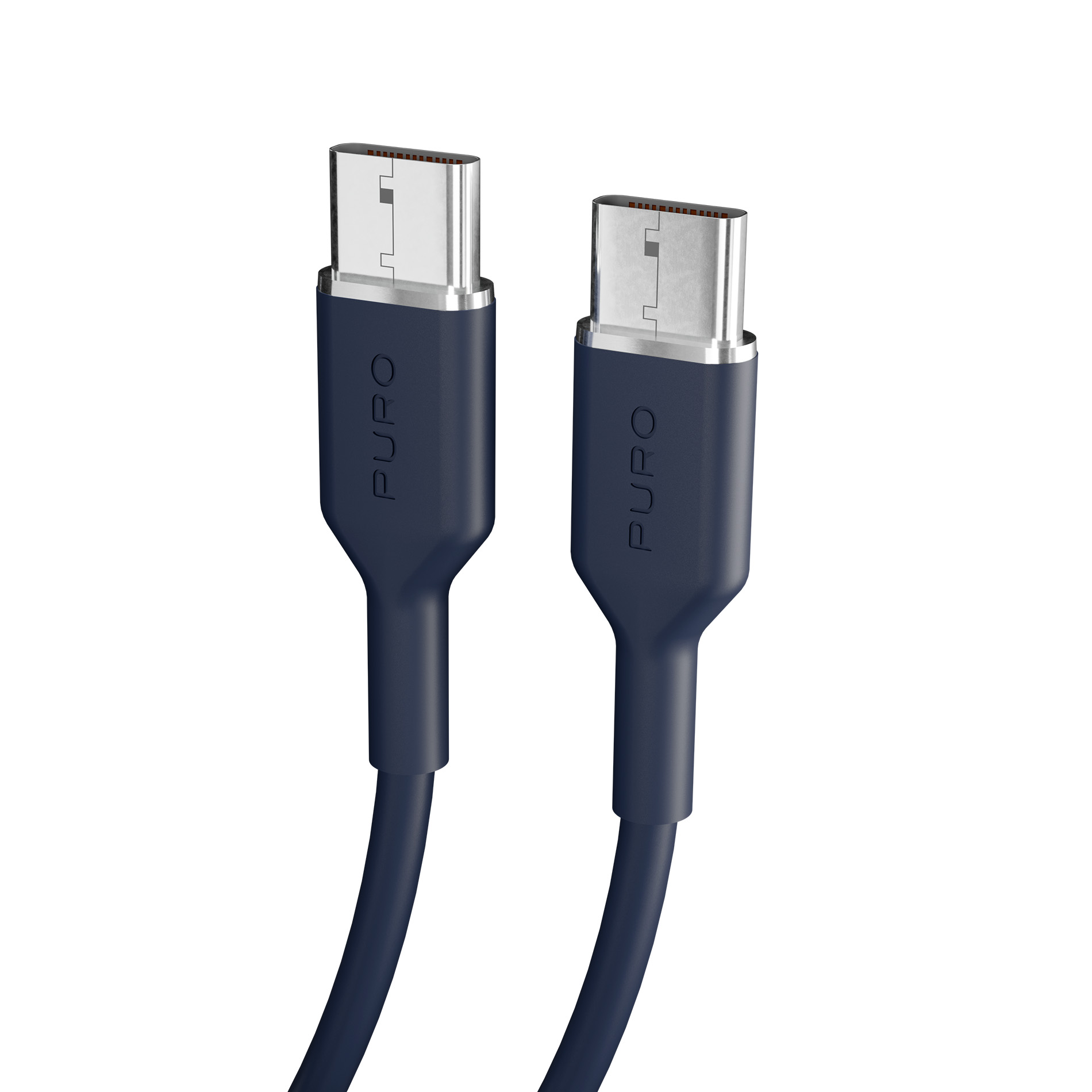 Due cavi USB-C blu scuro con connettori argentati su sfondo bianco.
