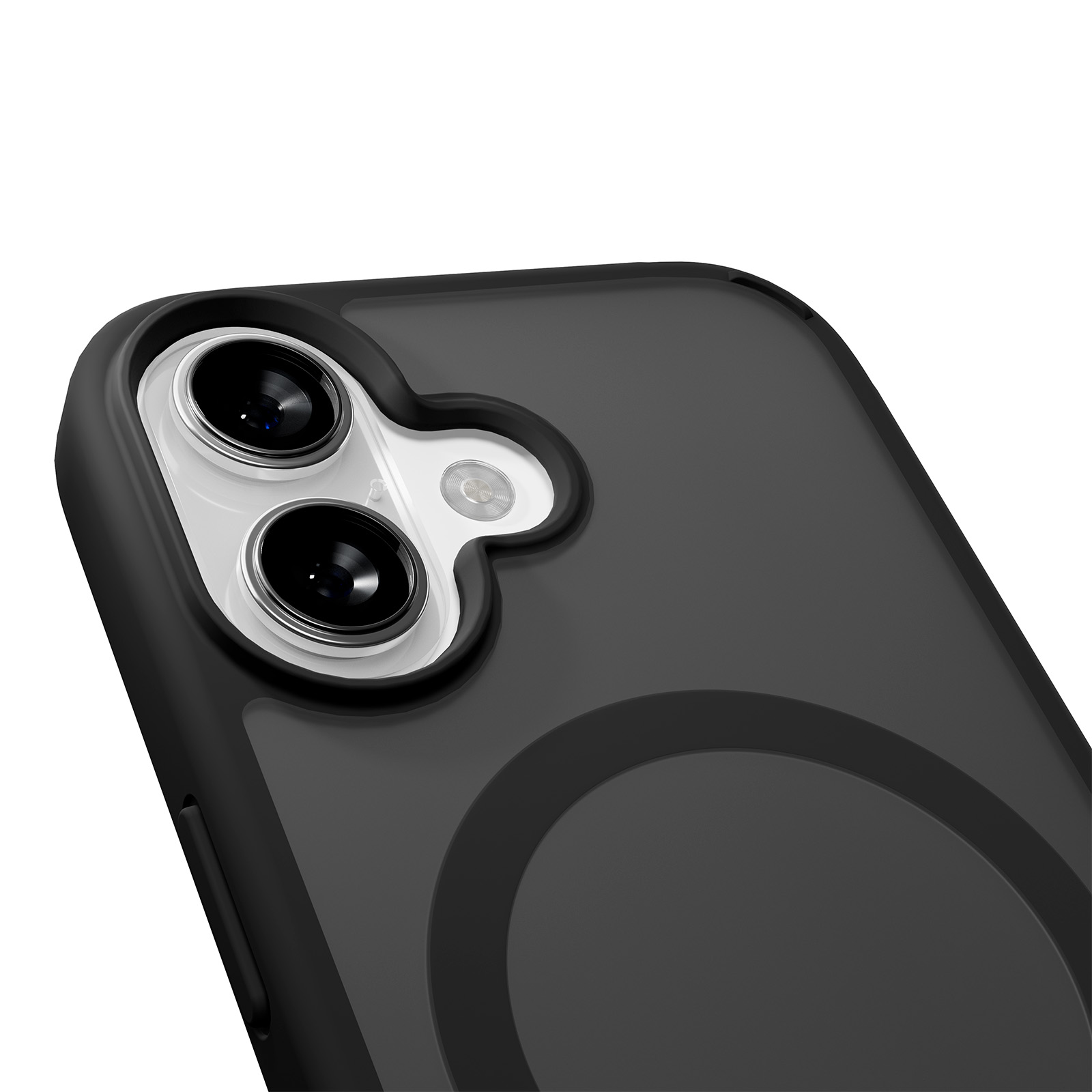 Primo piano del retro di una custodia nera per telefono con modulo fotocamera.