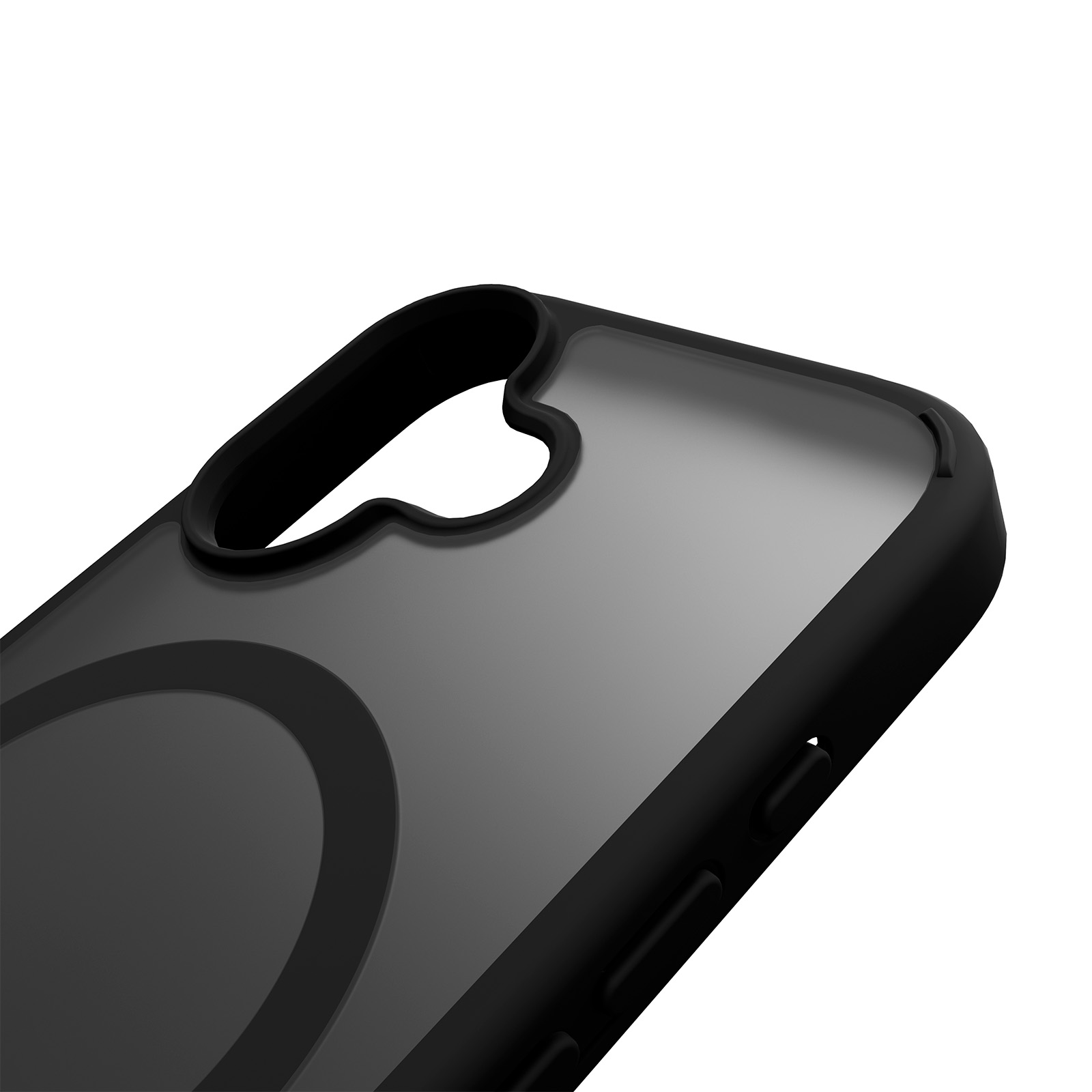 Custodia nera per telefono con retro trasparente e anello visibile.