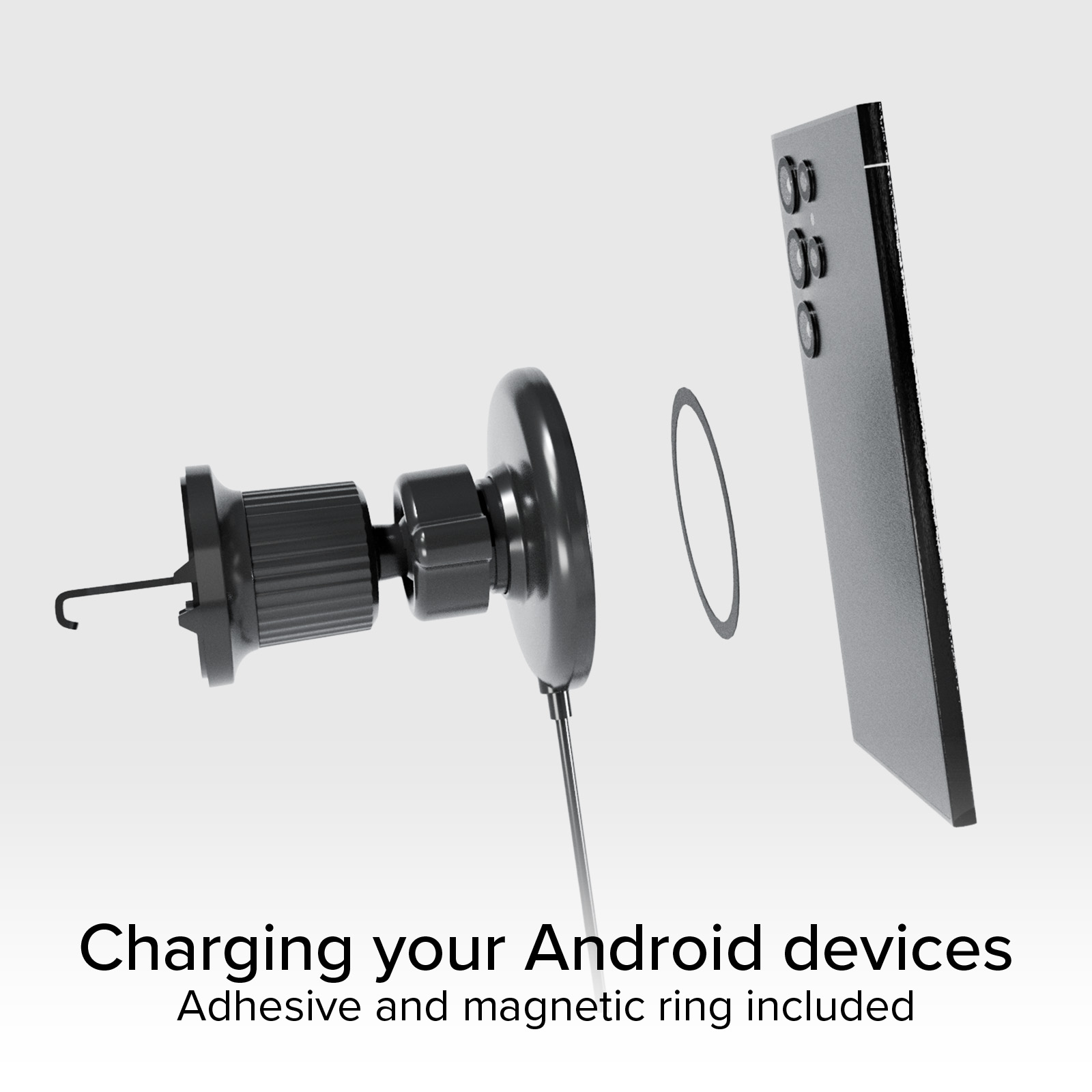 Un supporto nero per telefono con gancio, anello magnetico e telefono Android.