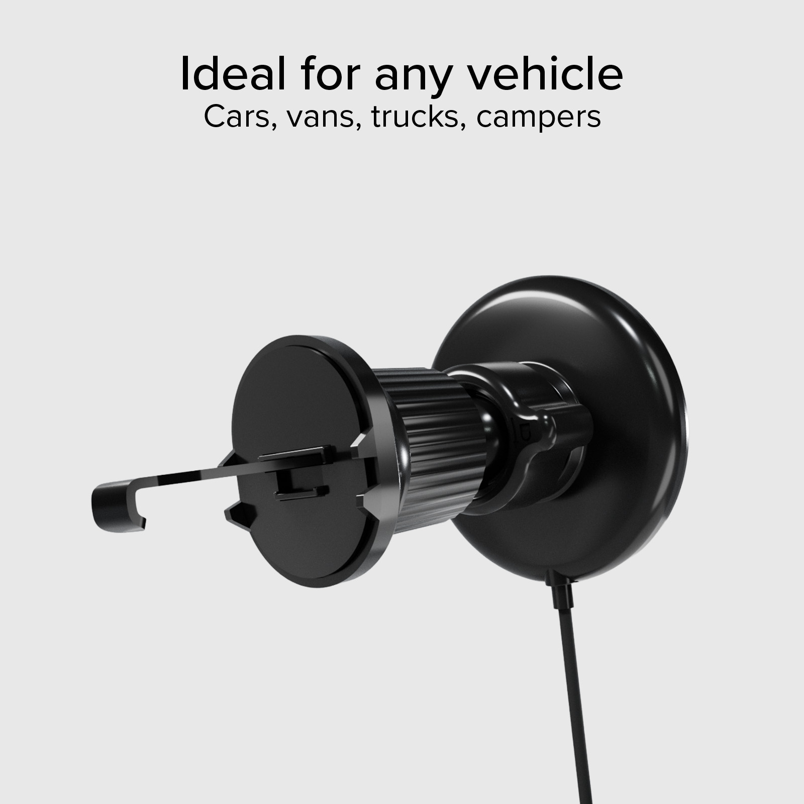 Un supporto per auto nero per telefono con ventosa e cavo.