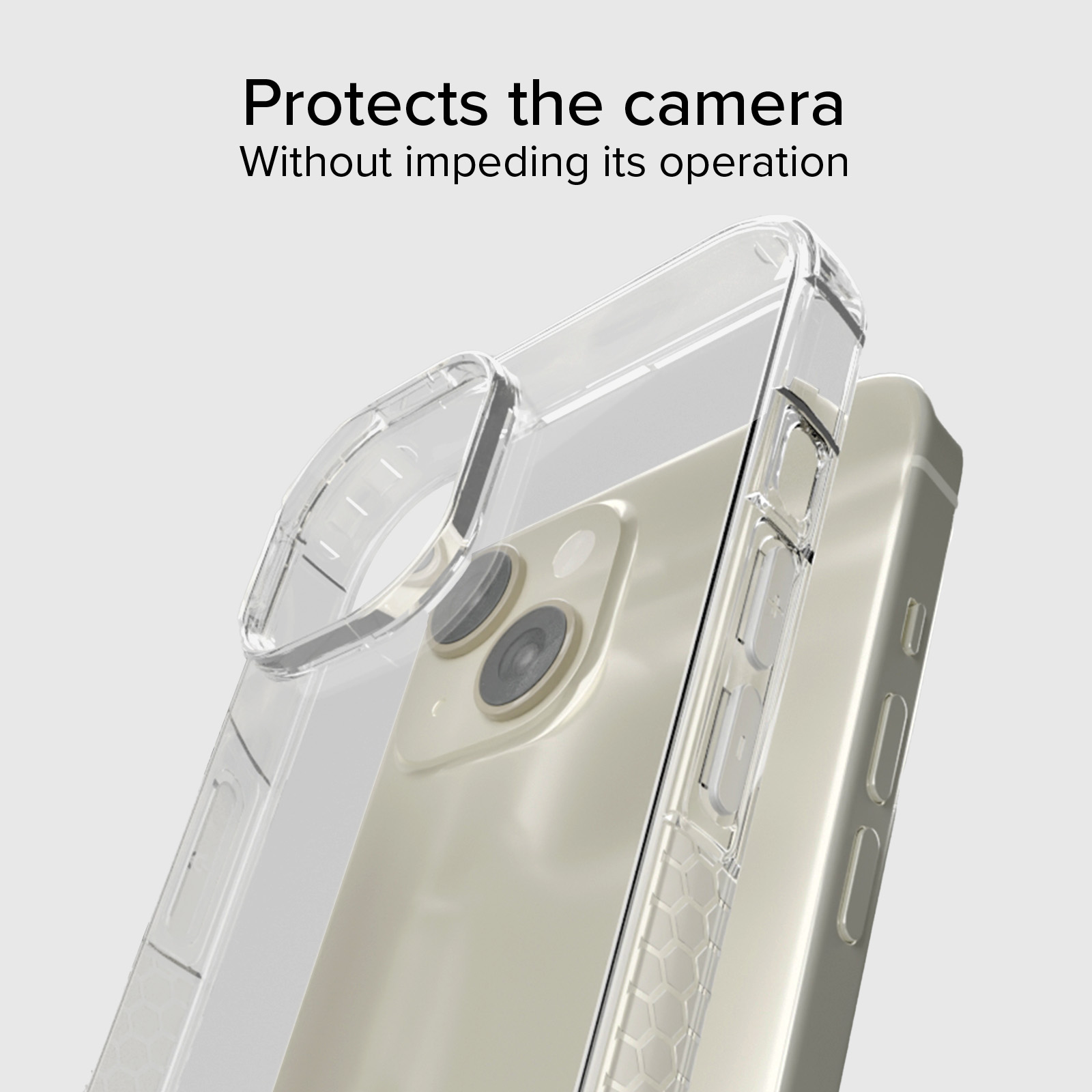 Una custodia trasparente protegge la fotocamera di uno smartphone oro chiaro.