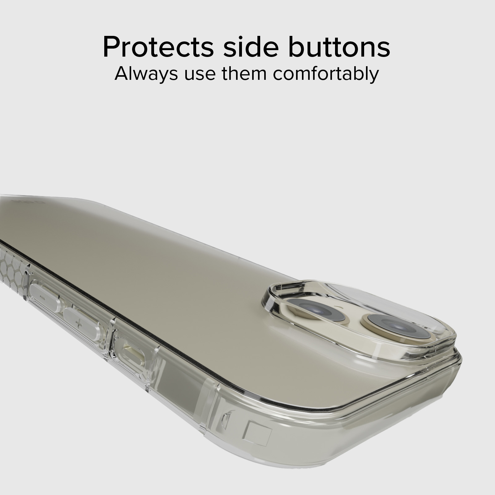 Custodia trasparente per telefono con protezione per pulsanti e fotocamera.