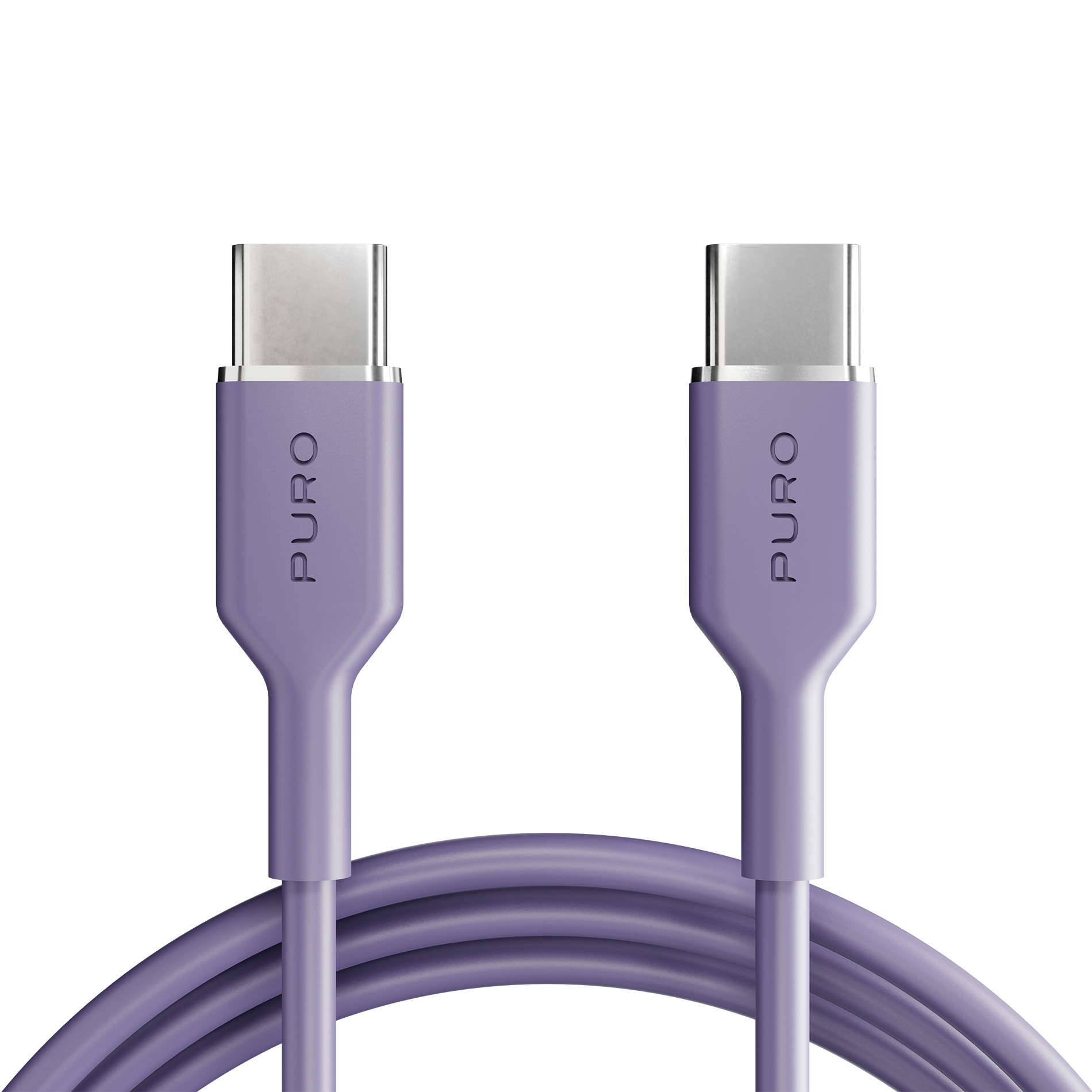 Due cavi USB-C viola con connettori argentati su sfondo bianco.
