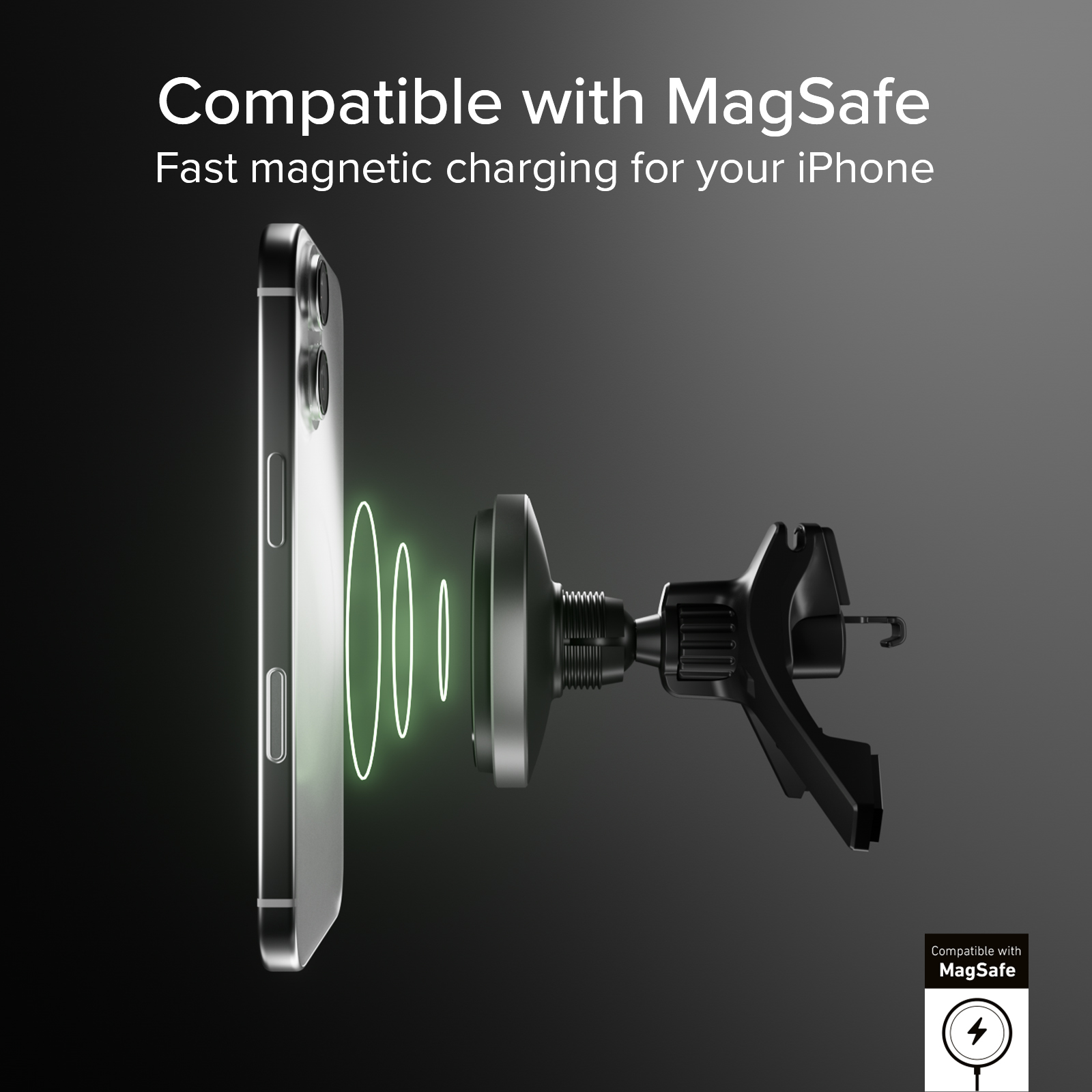iPhone con supporto MagSafe per auto, funzionalità di ricarica magnetica.